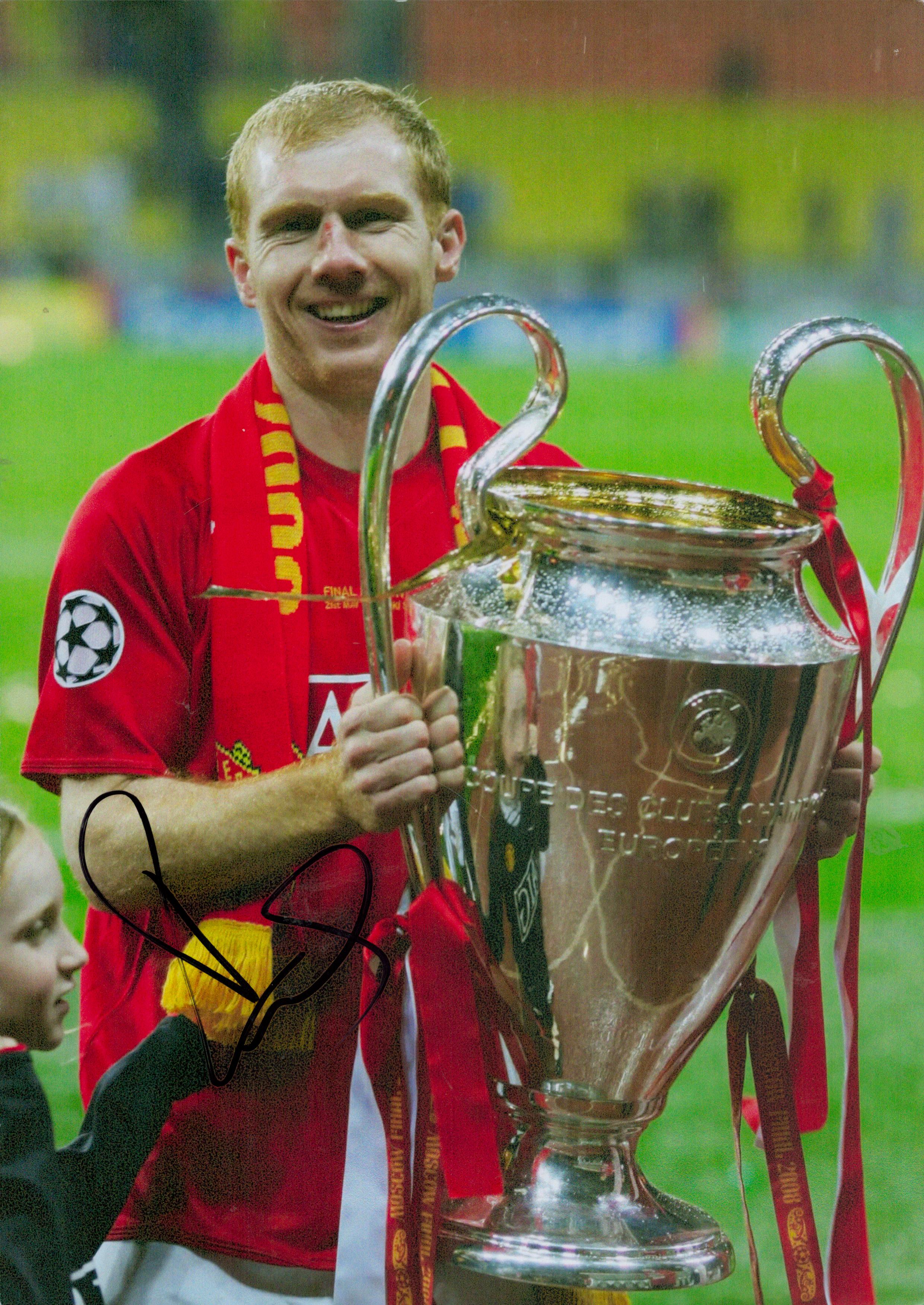 Football Paul Scholes signed Manchester United Champions League Winners 12x8 colour photo. Good