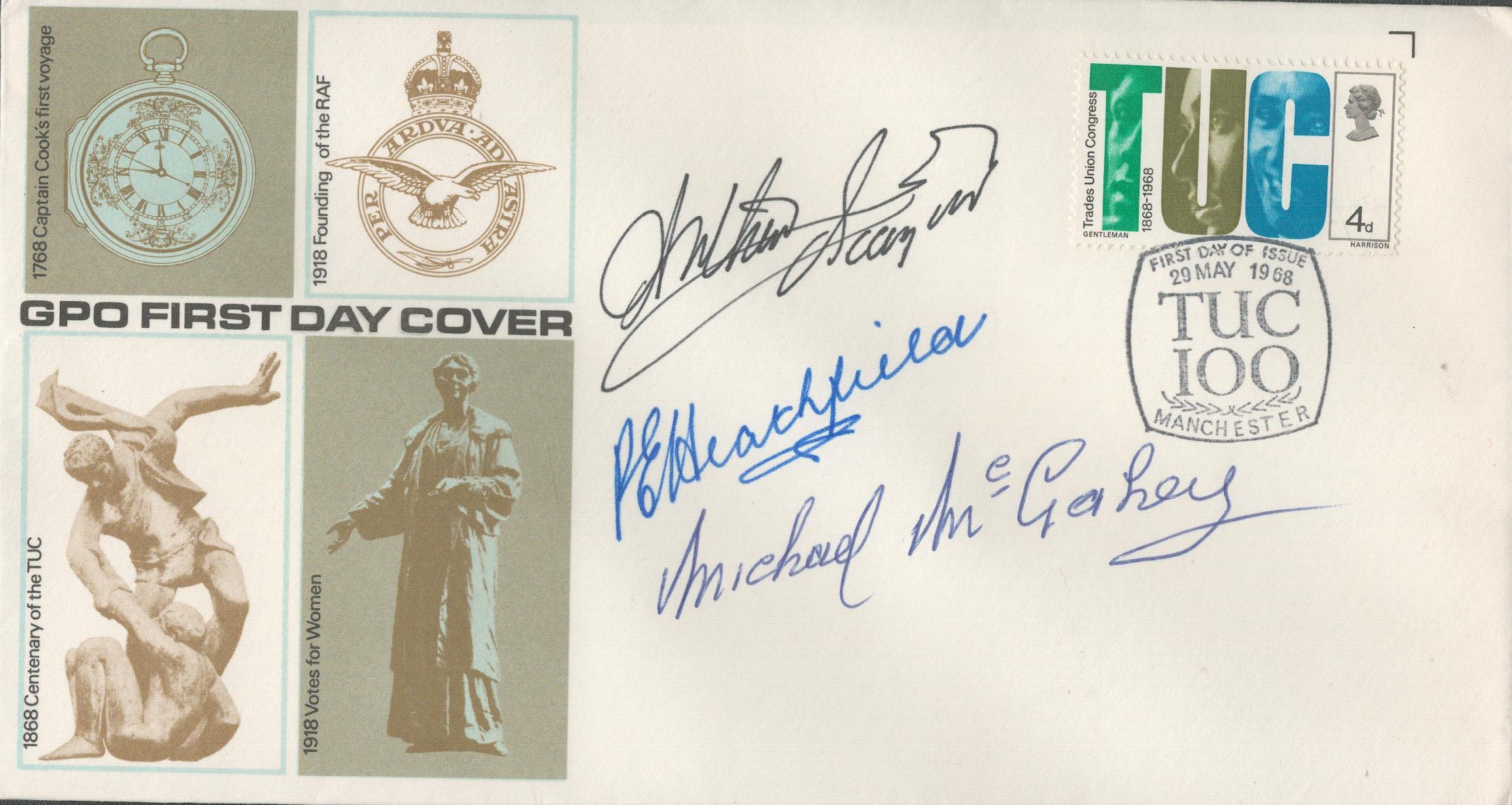 Arthur Scargill, Peter Heathfield and Mick McGahey signed cover. Good Condition. All autographs