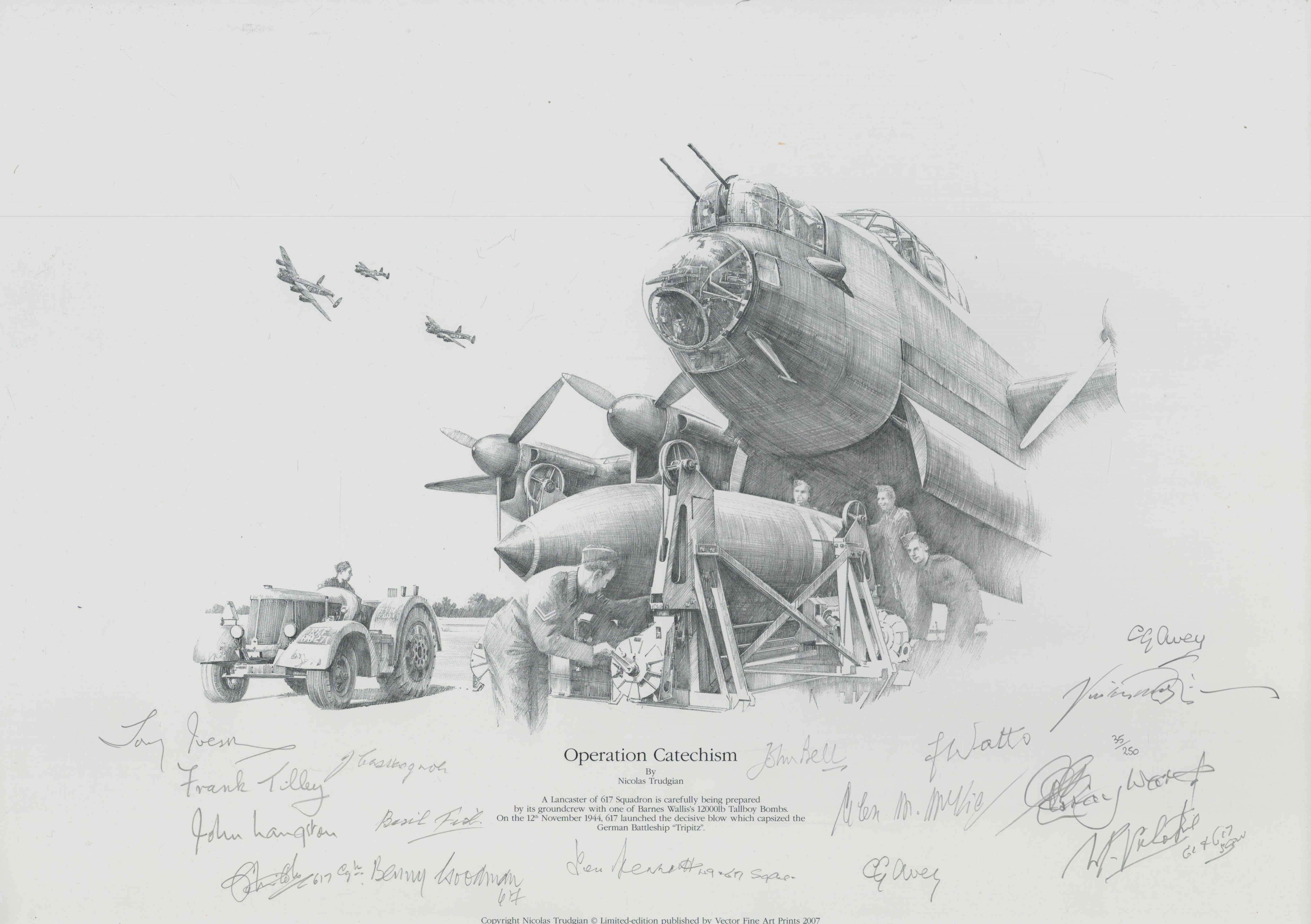 WW2 RAF. 14 617 Sqn and Tirpitz raiders Signed Nicolas Trudgian 35/250 Black and White Print