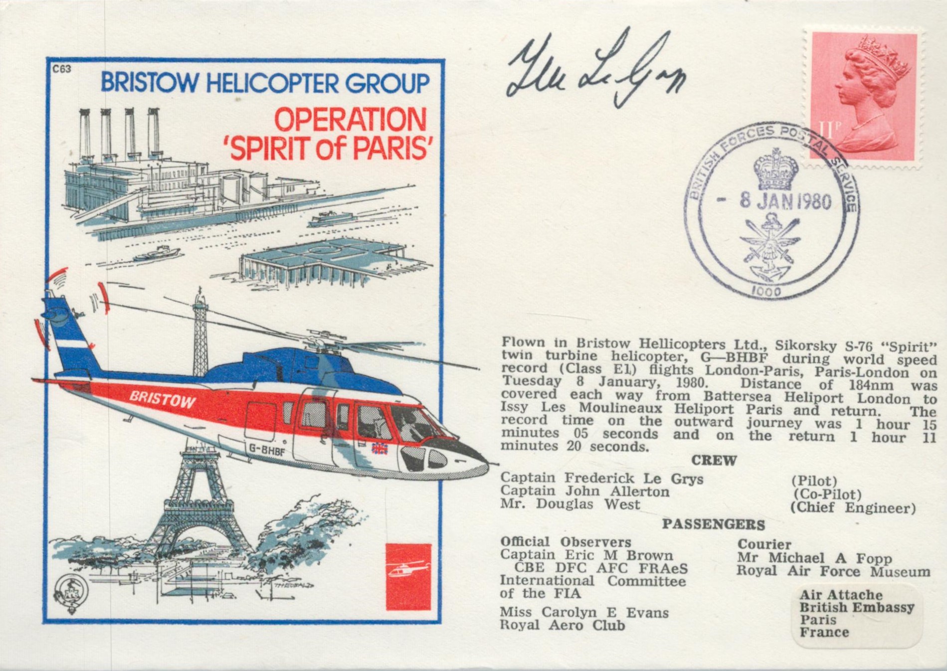 Captain Frederick Le Grys Signed Bristow Helicopter Operations Spirit of Paris FDC. British Stamp