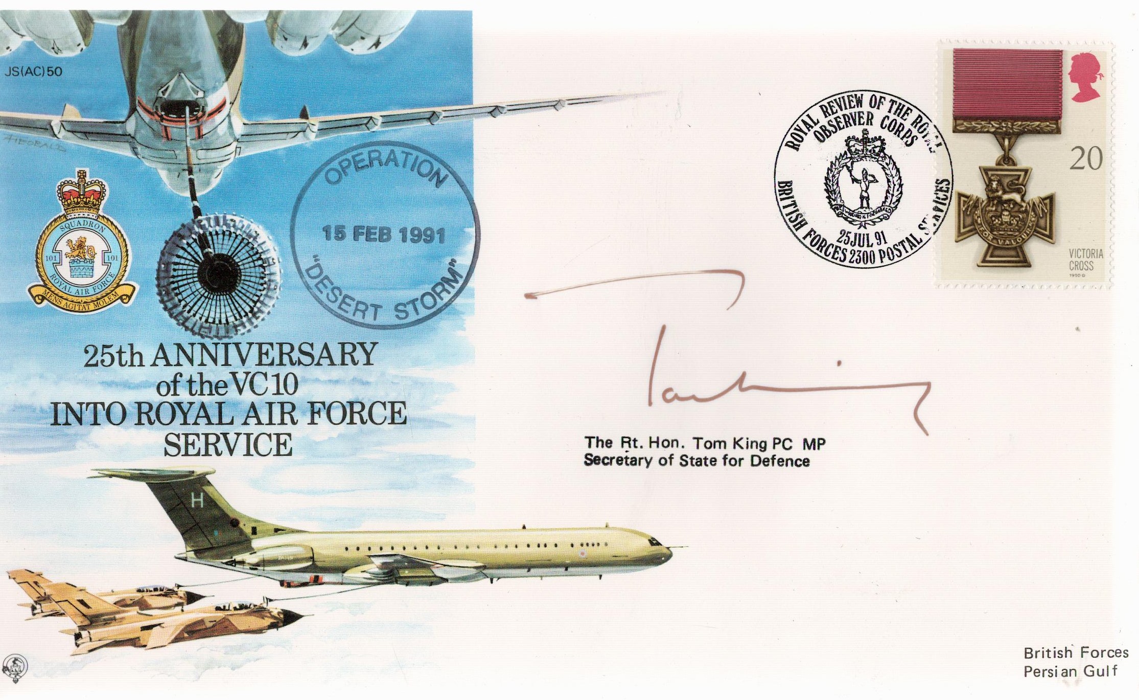 The Rt Hon Tom King MP Signed 25th Anniversary of the VC10 Into RAF Service FDC. British stamp