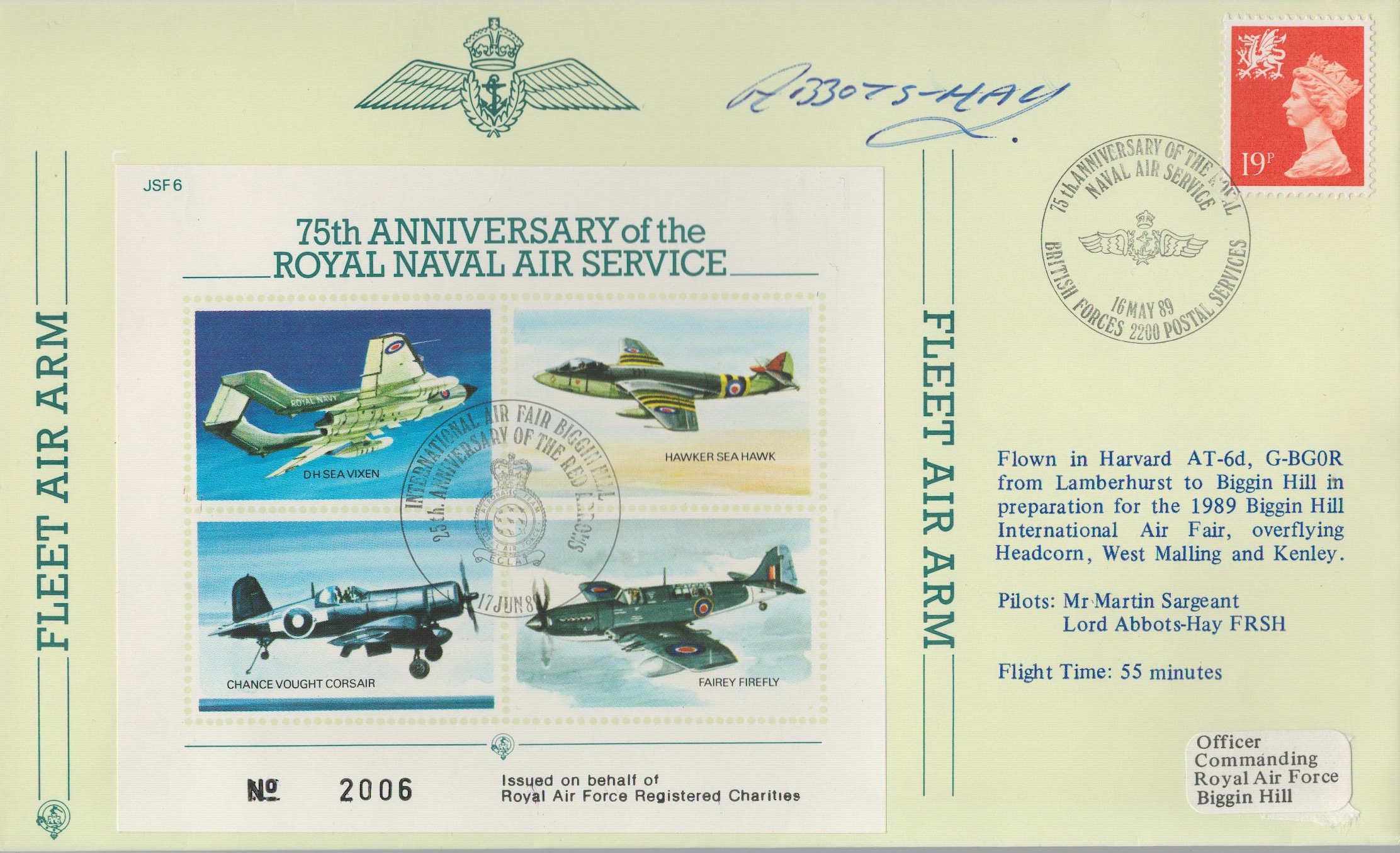 Lord of Abbots-Hay Signed 75th Anniversary of the Royal Naval Air Service FDC. British Stamp with 16