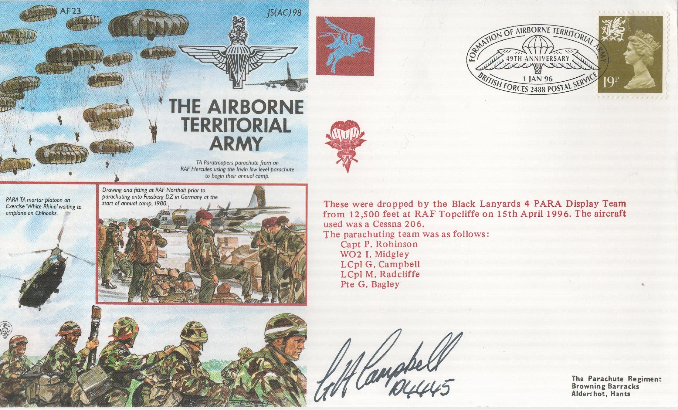 Lance Corporal G Campbell Signed The Airborne Territorial Army FDC. British Stamp 1 Jan 96 Postmark.