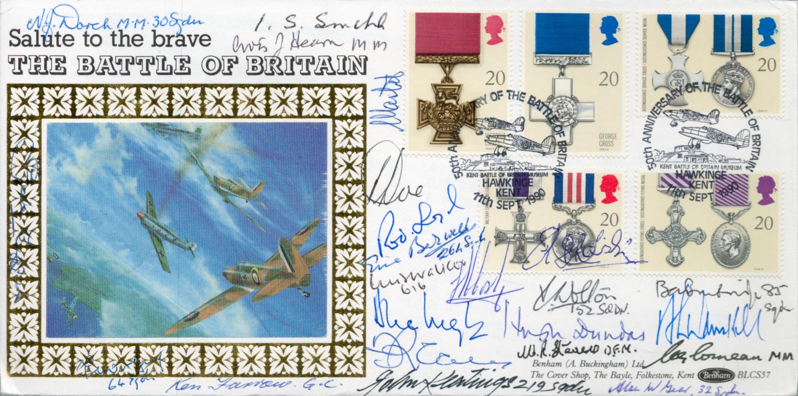 Multiple signed WW2 BOB fighter pilots, MM GC winners signed rare Benham 1990 Gallantry Silk FDC,