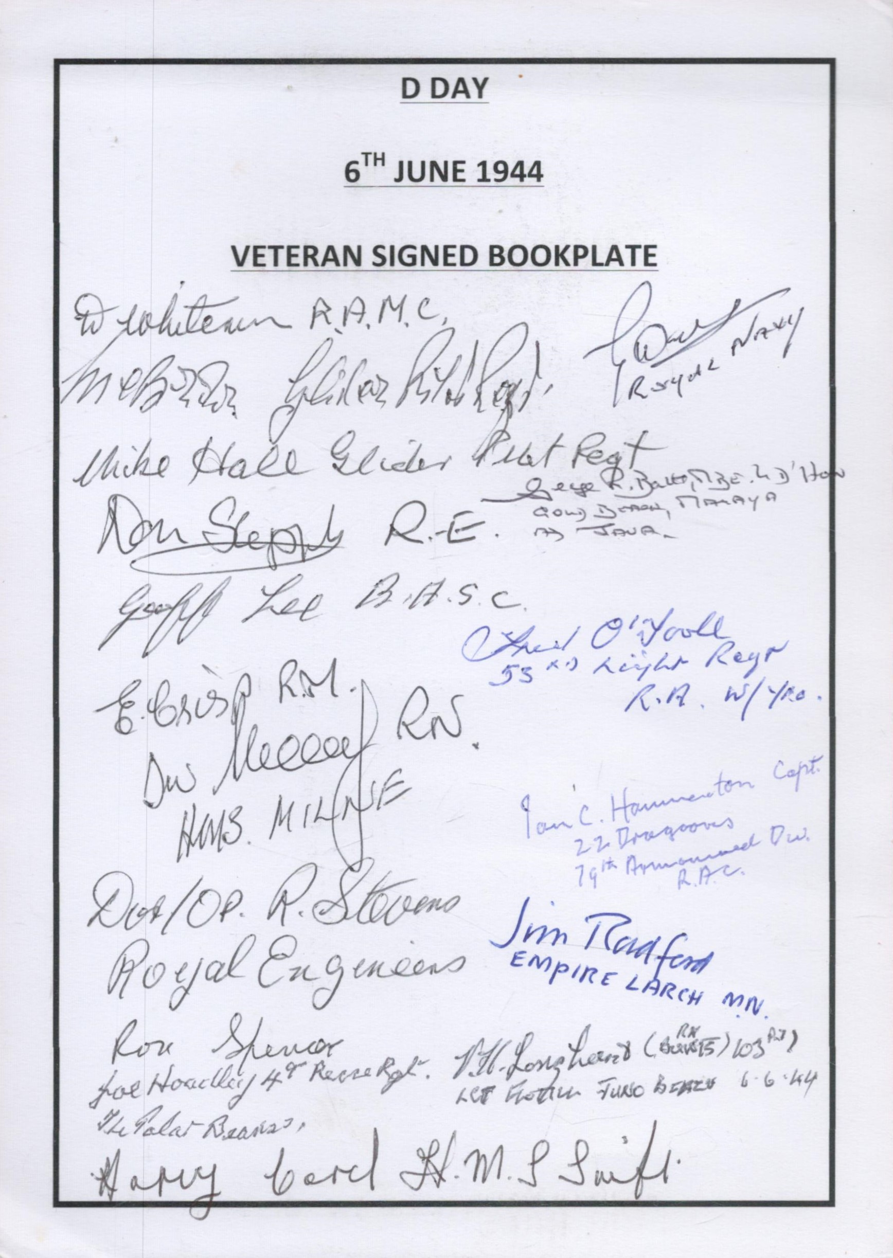 WW2. approx 18 D-Day Veterans Signed Bookplate. Includes Jim Radford, Geoff Lee, Mike Hall, Ron