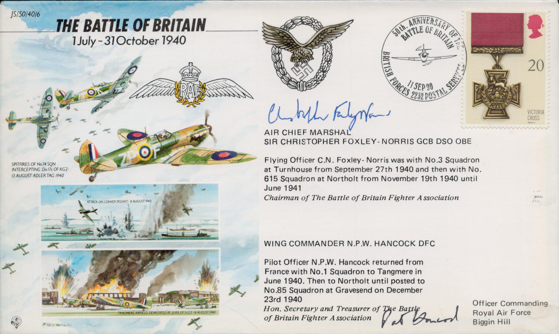 WW2 Battle of Britain 50th ann cover signed Acm Foxley Norris DSO and Wg Cdr Pat Hancock DFC. JS