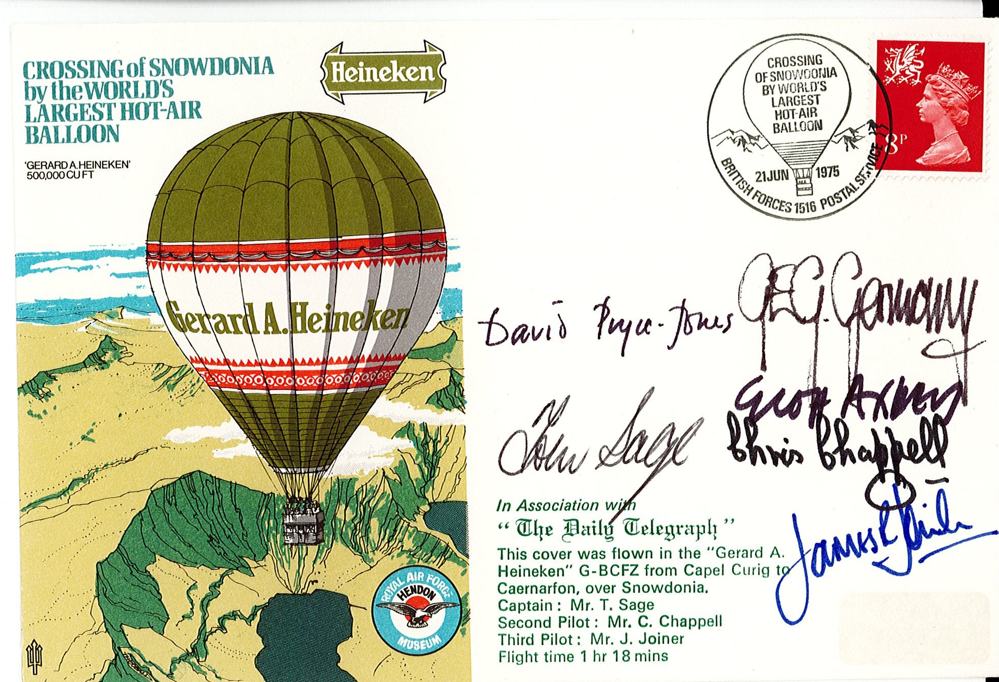 Crossing of Snowdonia in the World's Largest Hot Air Balloon 1975 FDC. Multi Signed by David Pryce