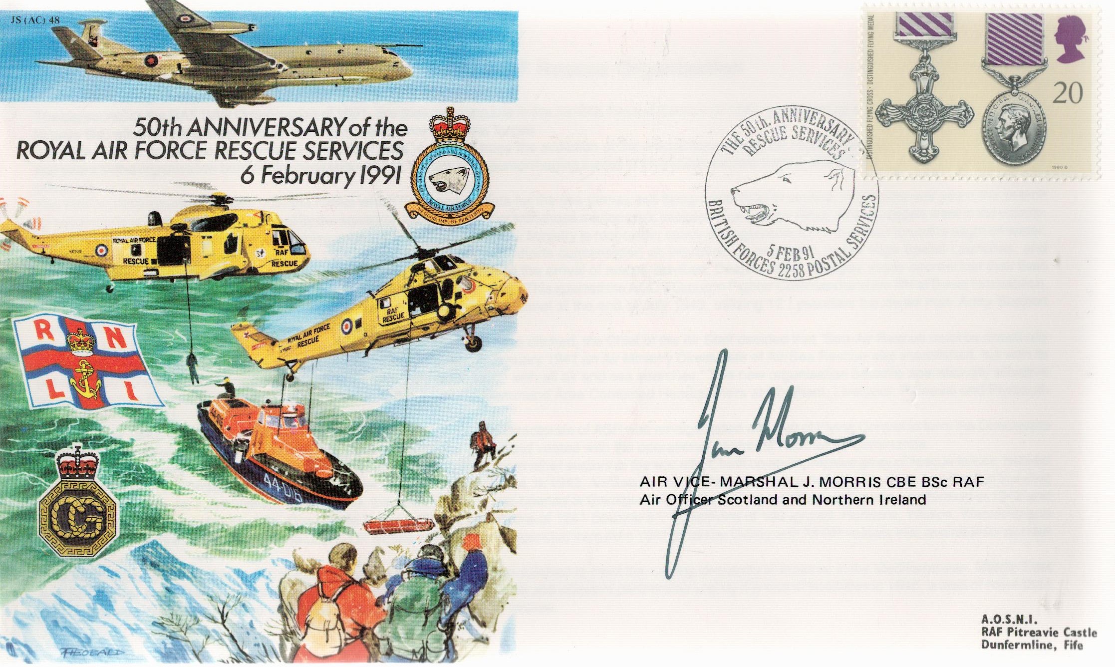 RAF. AVM J. Morris CBE Signed 50th Anniversary of the RAF Rescue Services FDC. British Stamp with