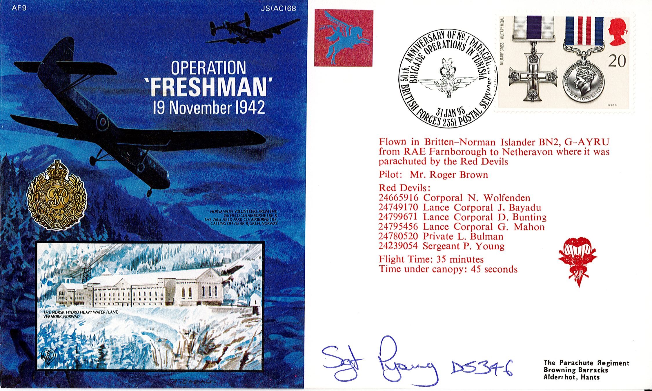 Sgt P Young Signed Operation Freshman 19 Nov 1942 FDC. British Stamp with 31 Jan 93 Postmark. Good