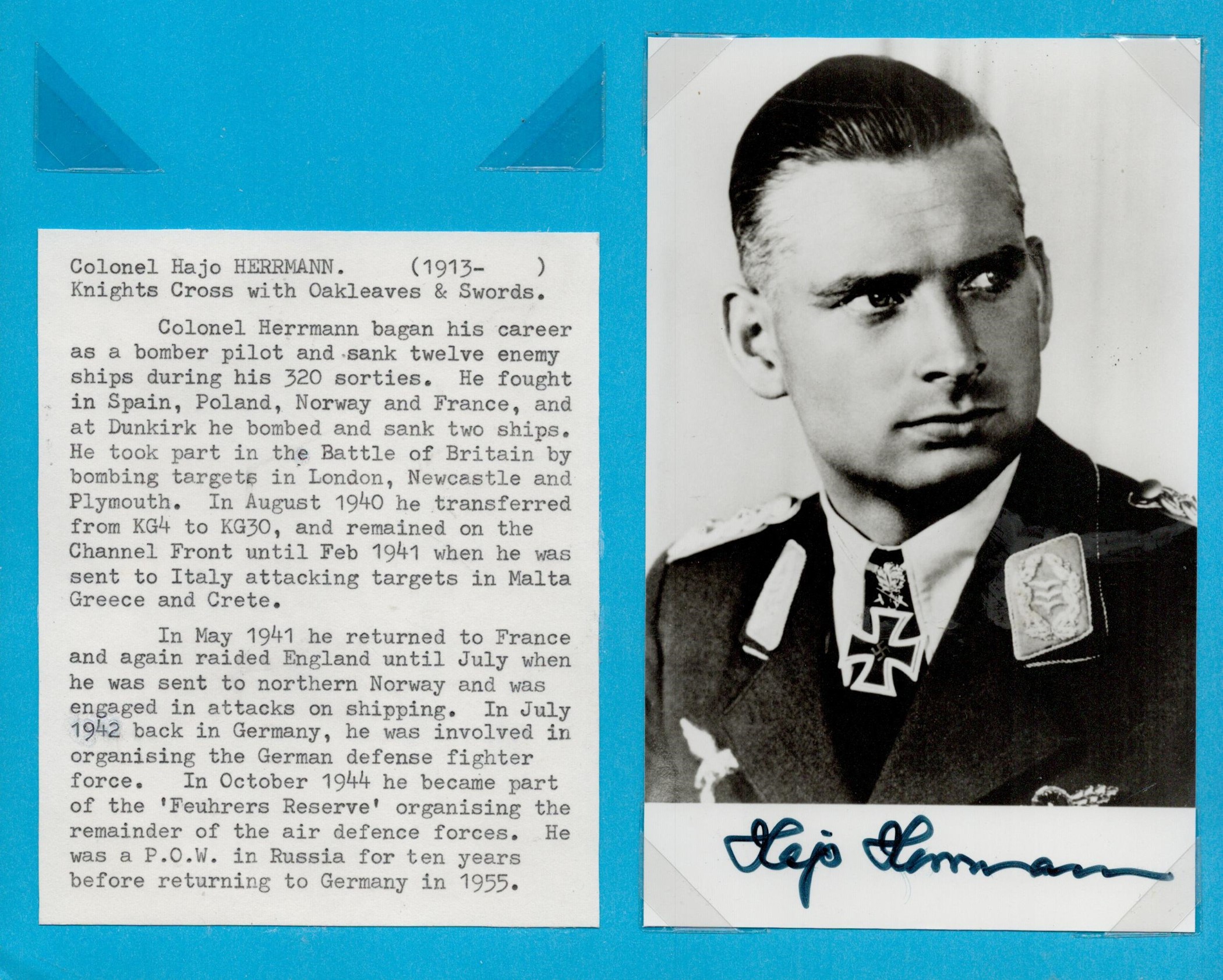 Colonel Hajo Herrmann signed 6x4 vintage black and white photo. Hans Joachim Hajo Herrmann (1 August