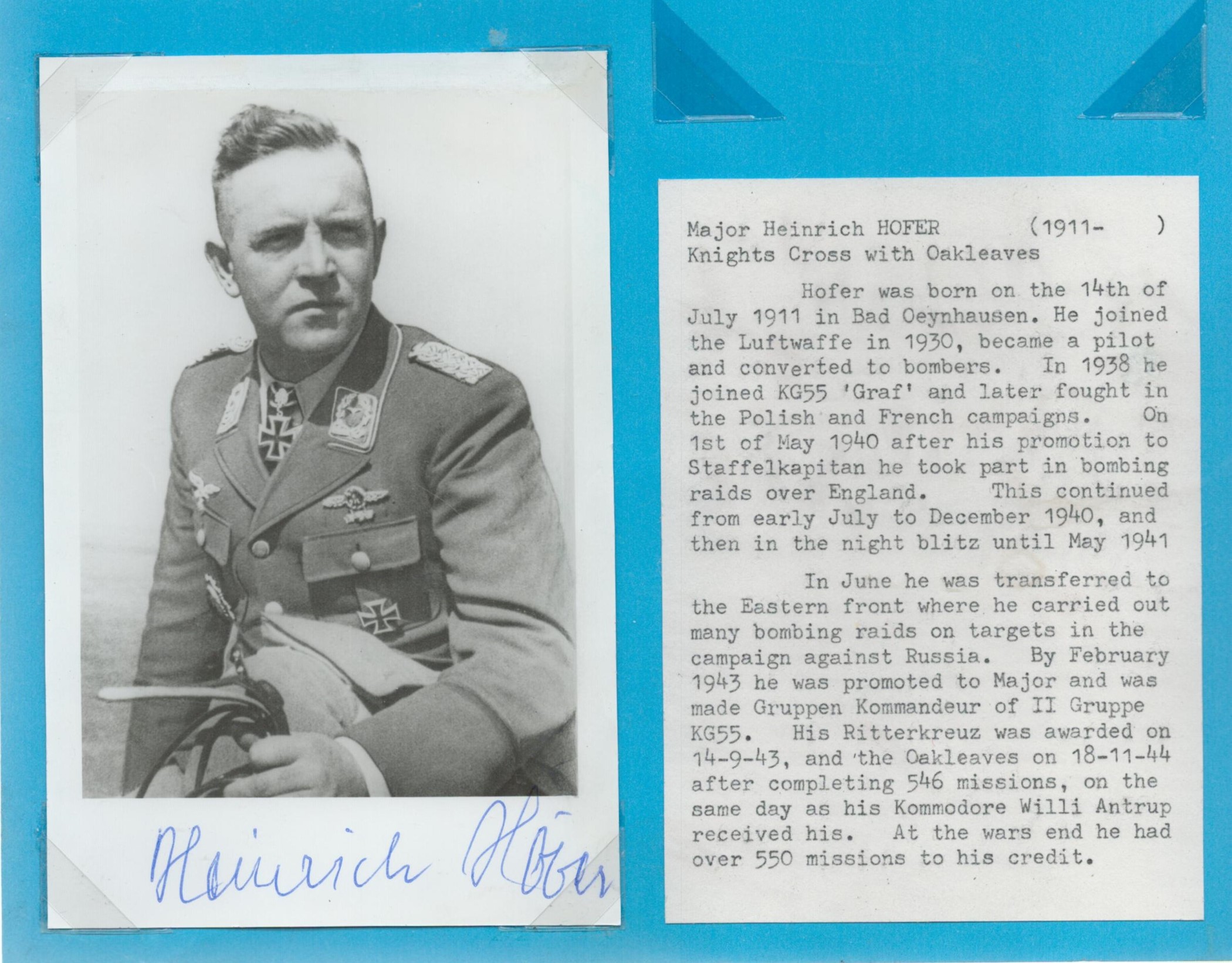 Major Heinrich Hofer (1911 1996) signed 6x4 black and white vintage photo. Karl Heinrich Hofer (14