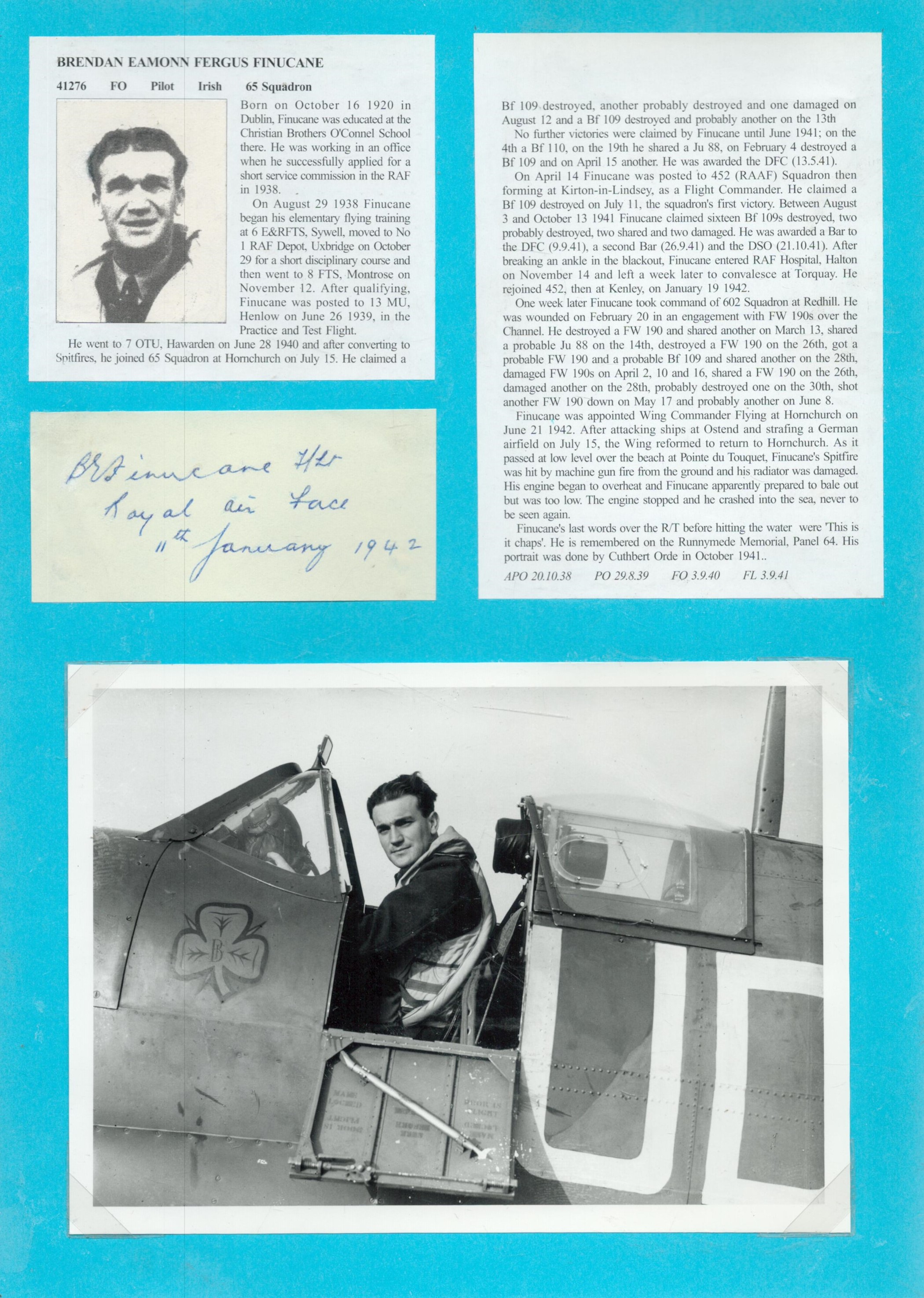 RARE WW2 Wg Cdr Brendan E. F. Finucane DFC DSO Signed Signature Piece on 11th January 1942. Included