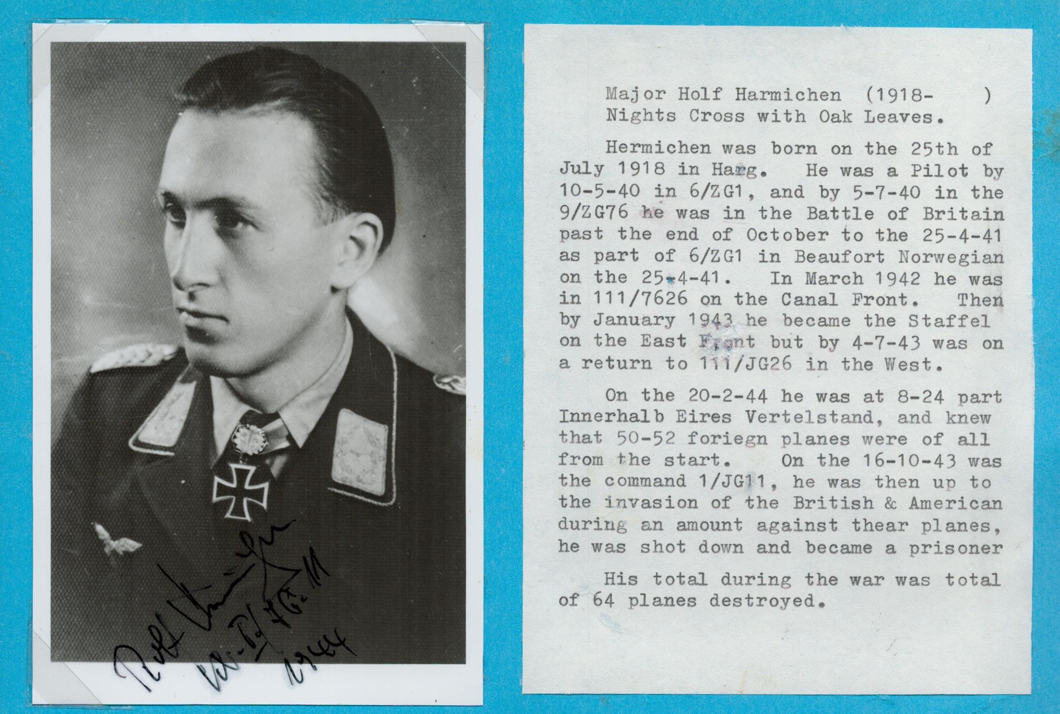 Major Rolf Hermichen (1918 2014) signed 6x4 black and white photo. Rolf Hermichen (25 July 1918 - 23