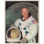 Buzz Aldrin signed NASA 10x8 original colour White Space Suit photo. Buzz Aldrin (born Edwin