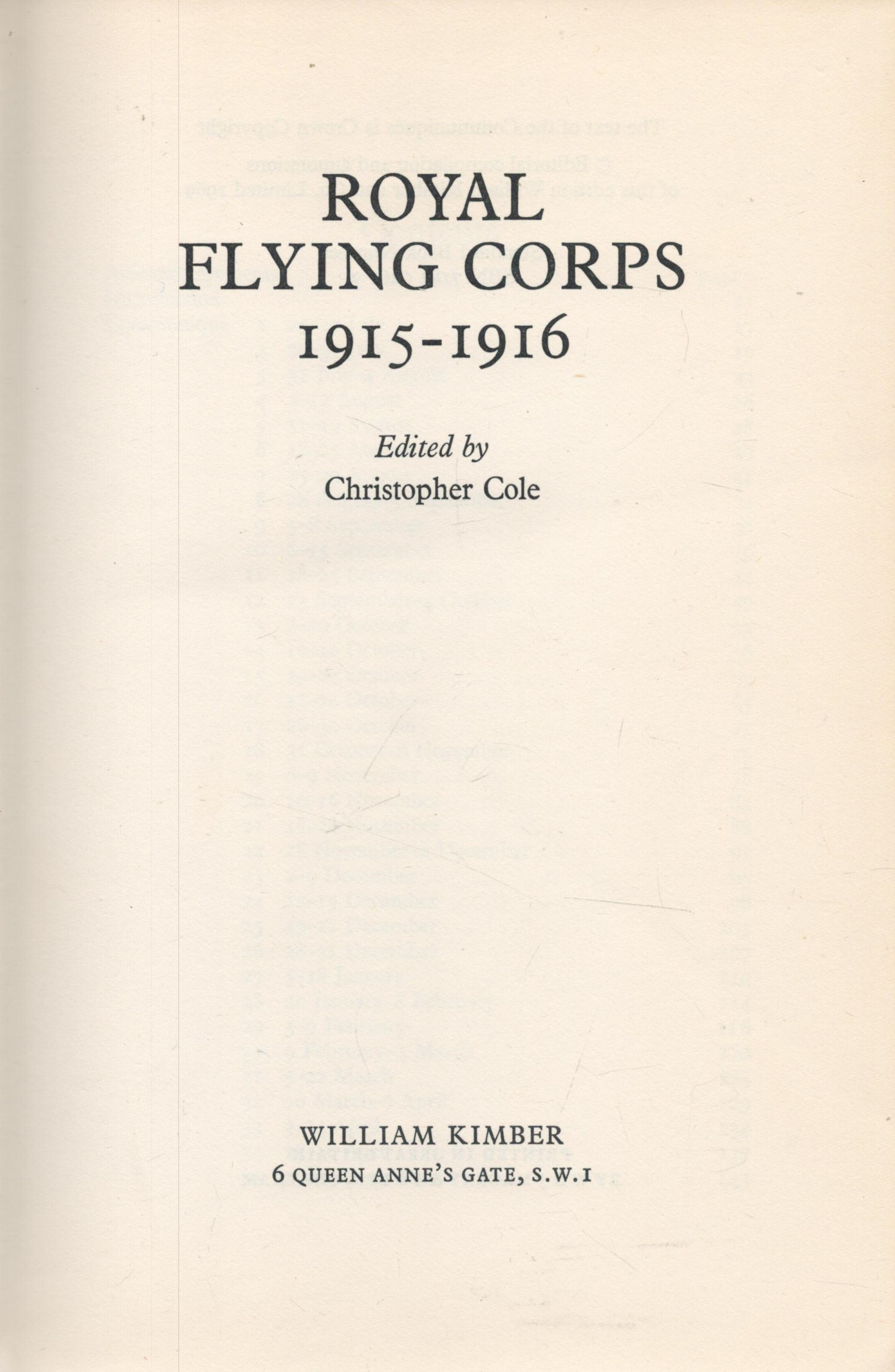 Royal Flying Corps 1915 1916 1st Edition Hardback Book by Christopher Cole. Published in 1969. - Image 2 of 3