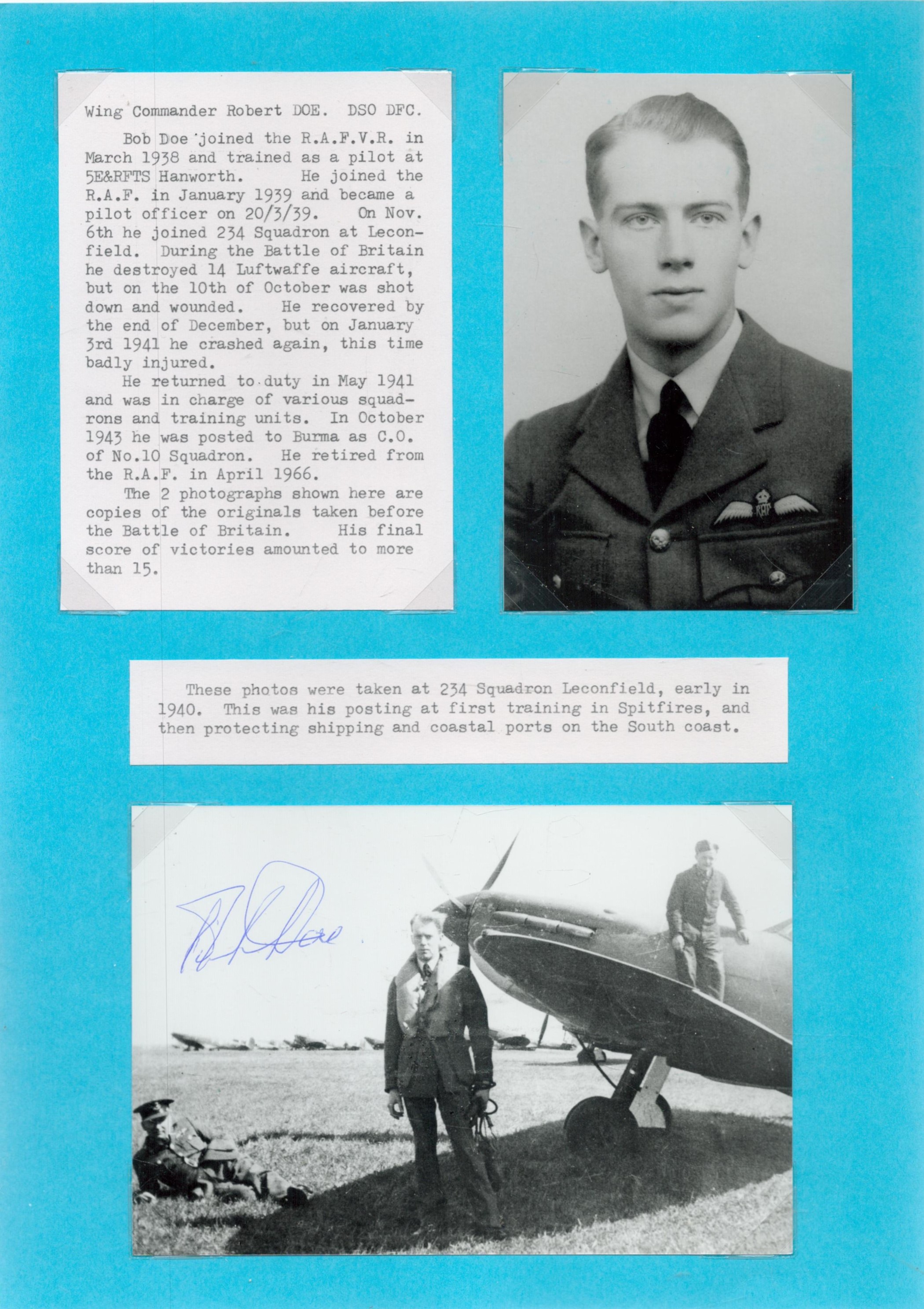 WW2. Wg Cdr Bob Doe DSO DFC Signed 6 x 4 inch Black and White Photo. Battle of Britain fighter