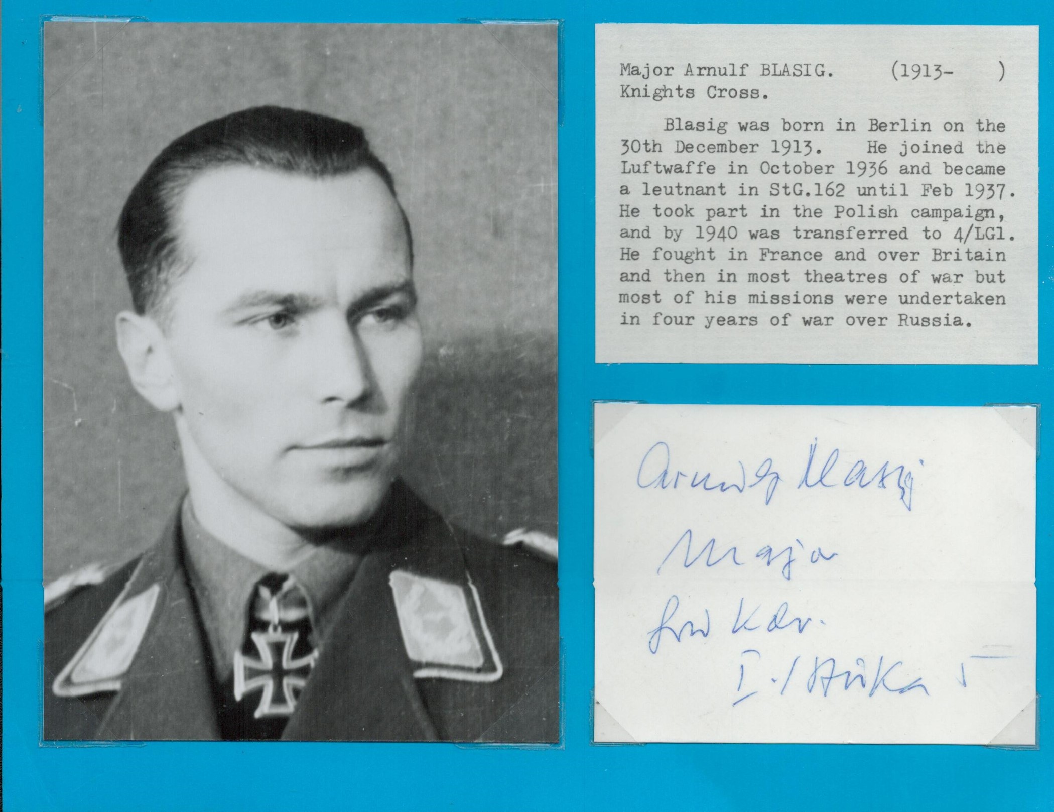 Major Arnulf Blasic (1913 1998) signed 4x3 page and 6x4 vintage black and white photo unsigned.