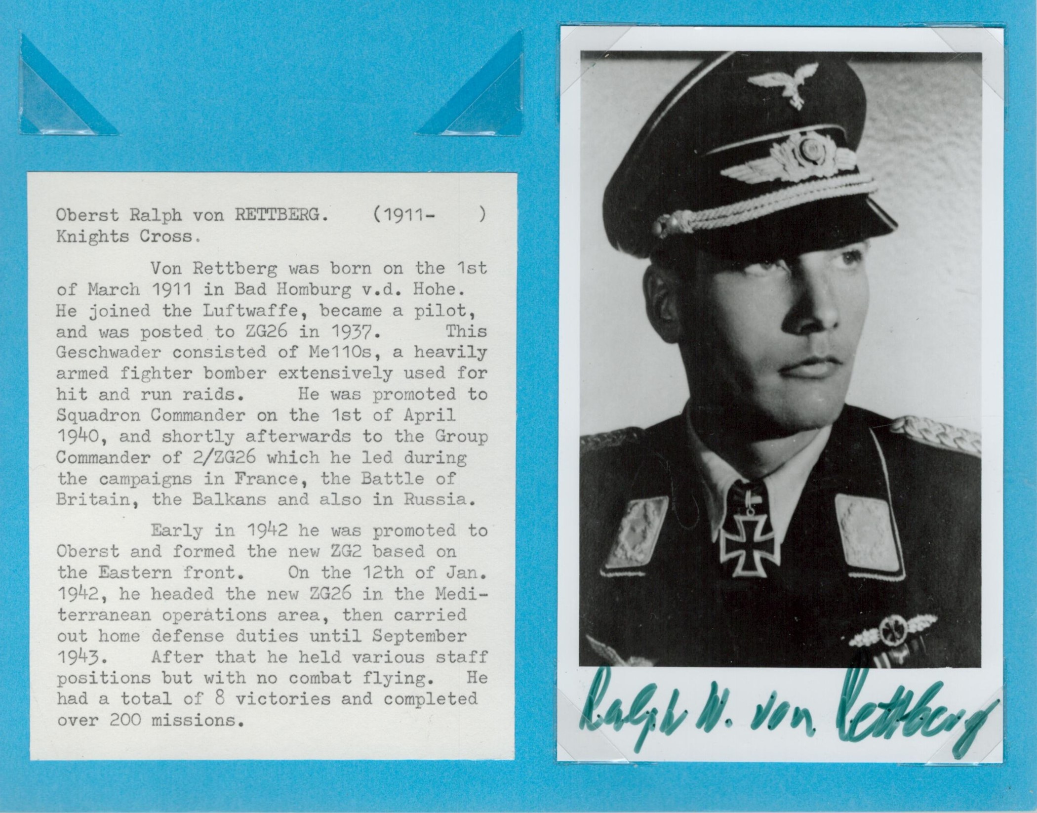 Oberst Ralph von Retteberg (1911 2004) signed 6x4 black and white photo. Ralph von Rettberg (1 March