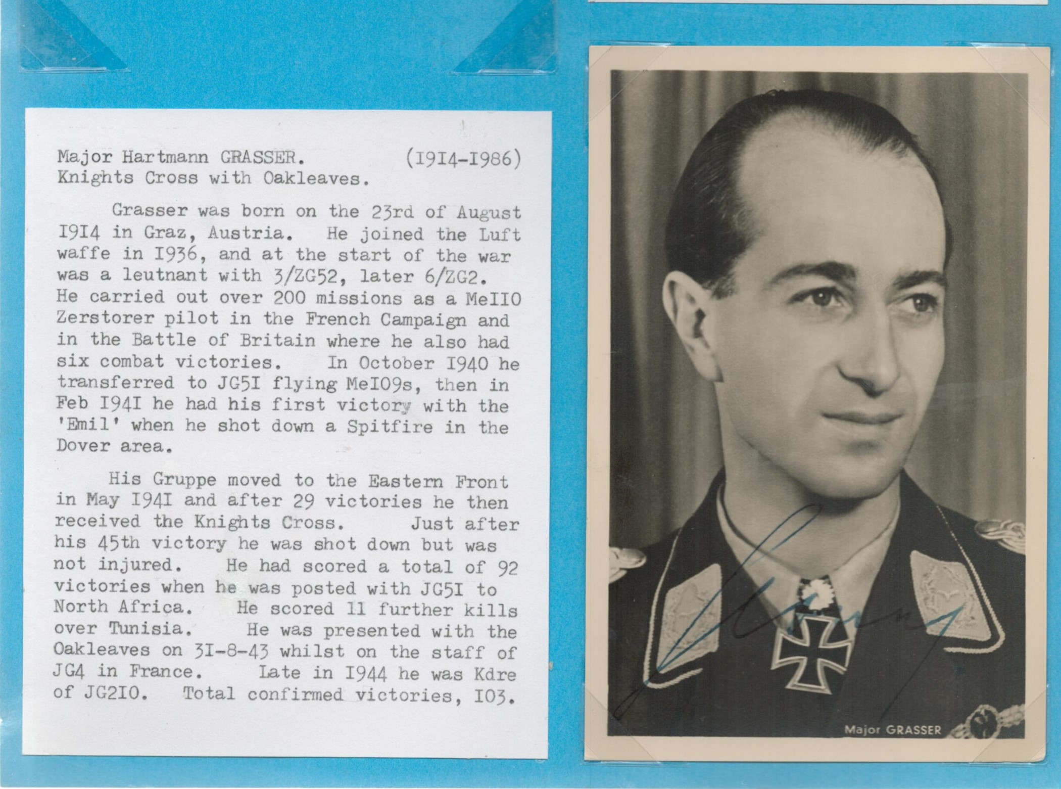 Major Hartmann Grasser (1914 1986) signed 6x4 WWII vintage sepia Hoffman war time postcard photo.