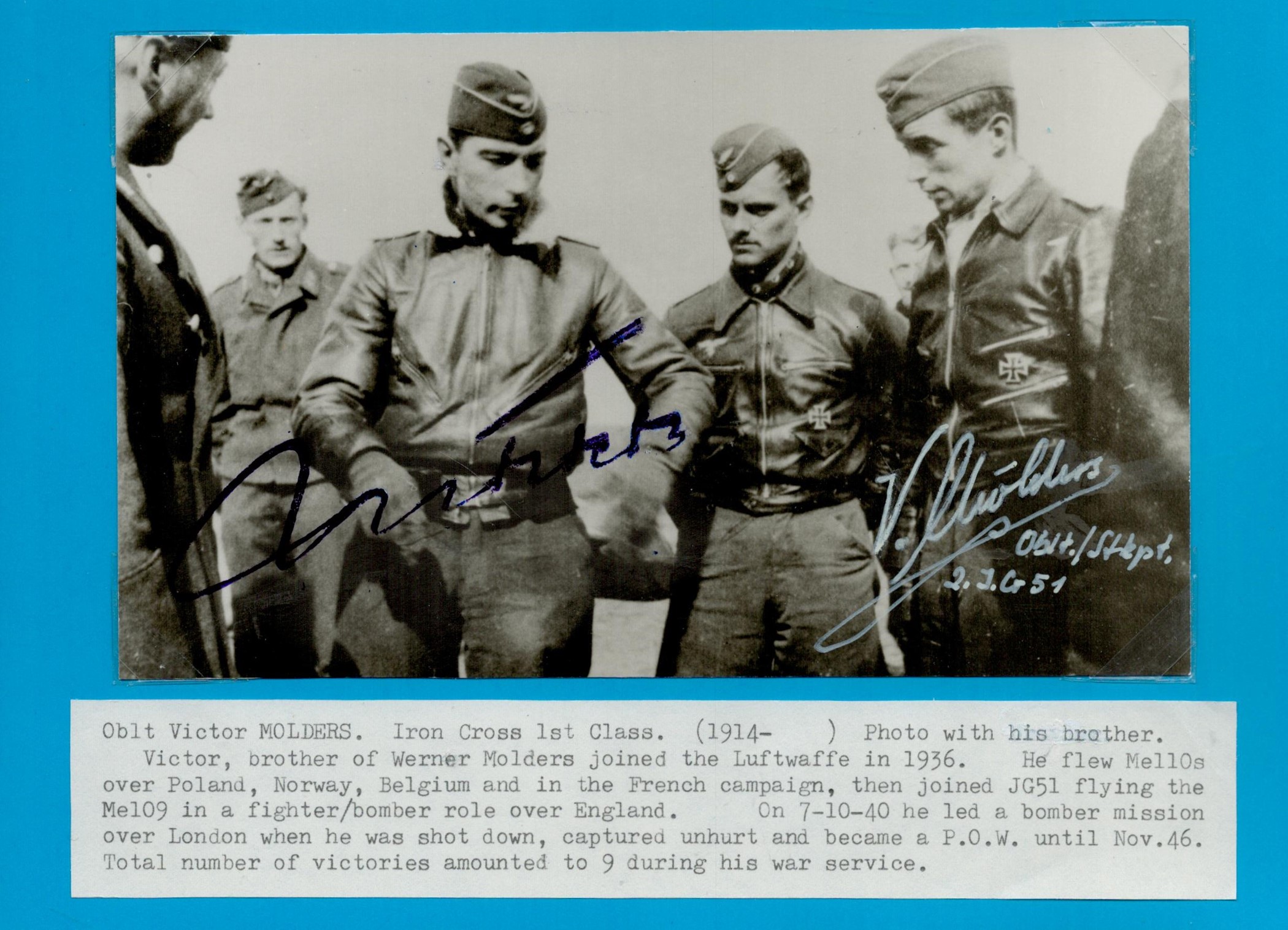 Oblt Werner Molders (1914 1941) and Victor Molders signed 7x4 black and white photo. Werner