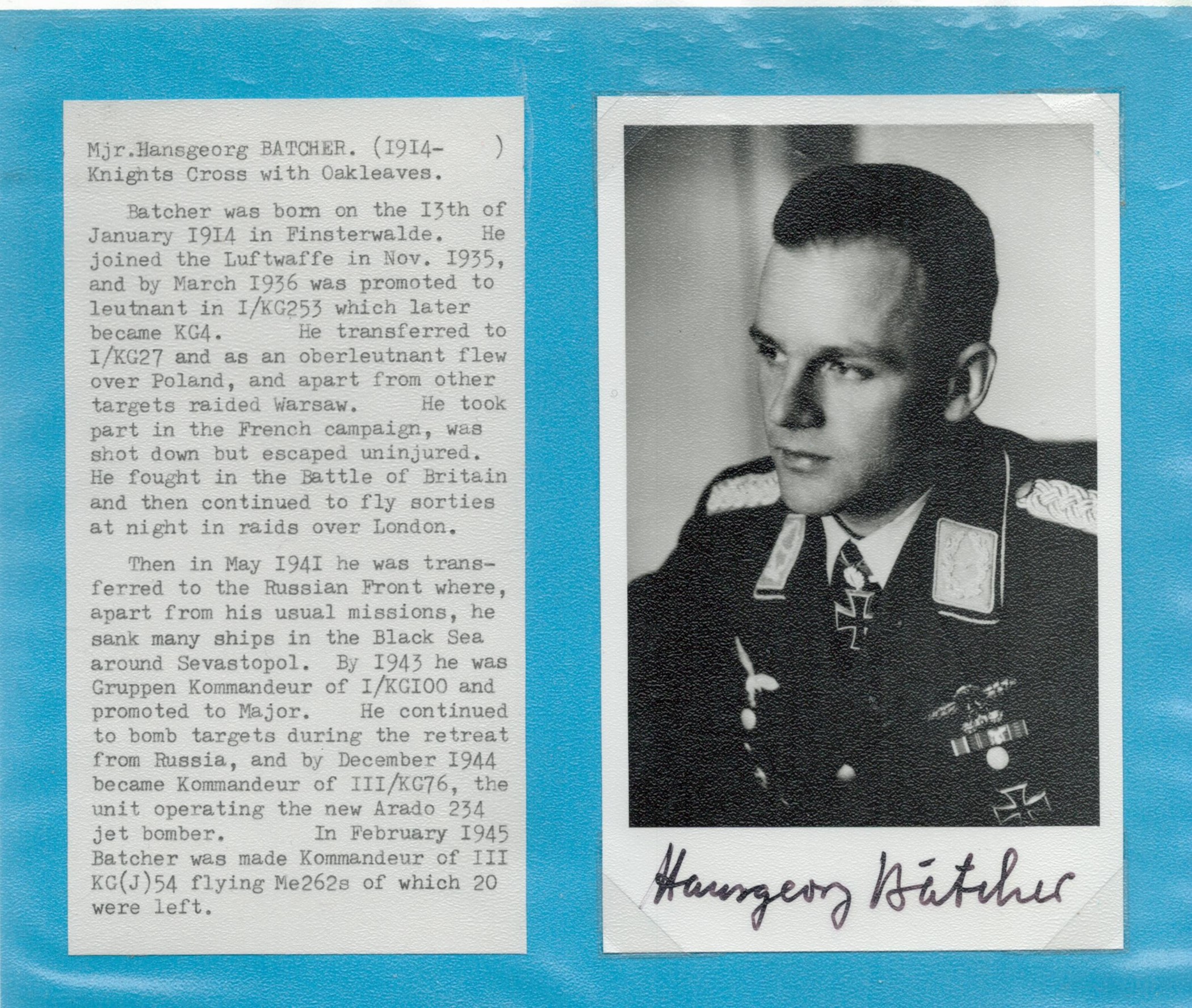 Major Hansgeorg Batcher (1914 2003) signed 6x4 black and white photo. Hansgeorg Batcher (13