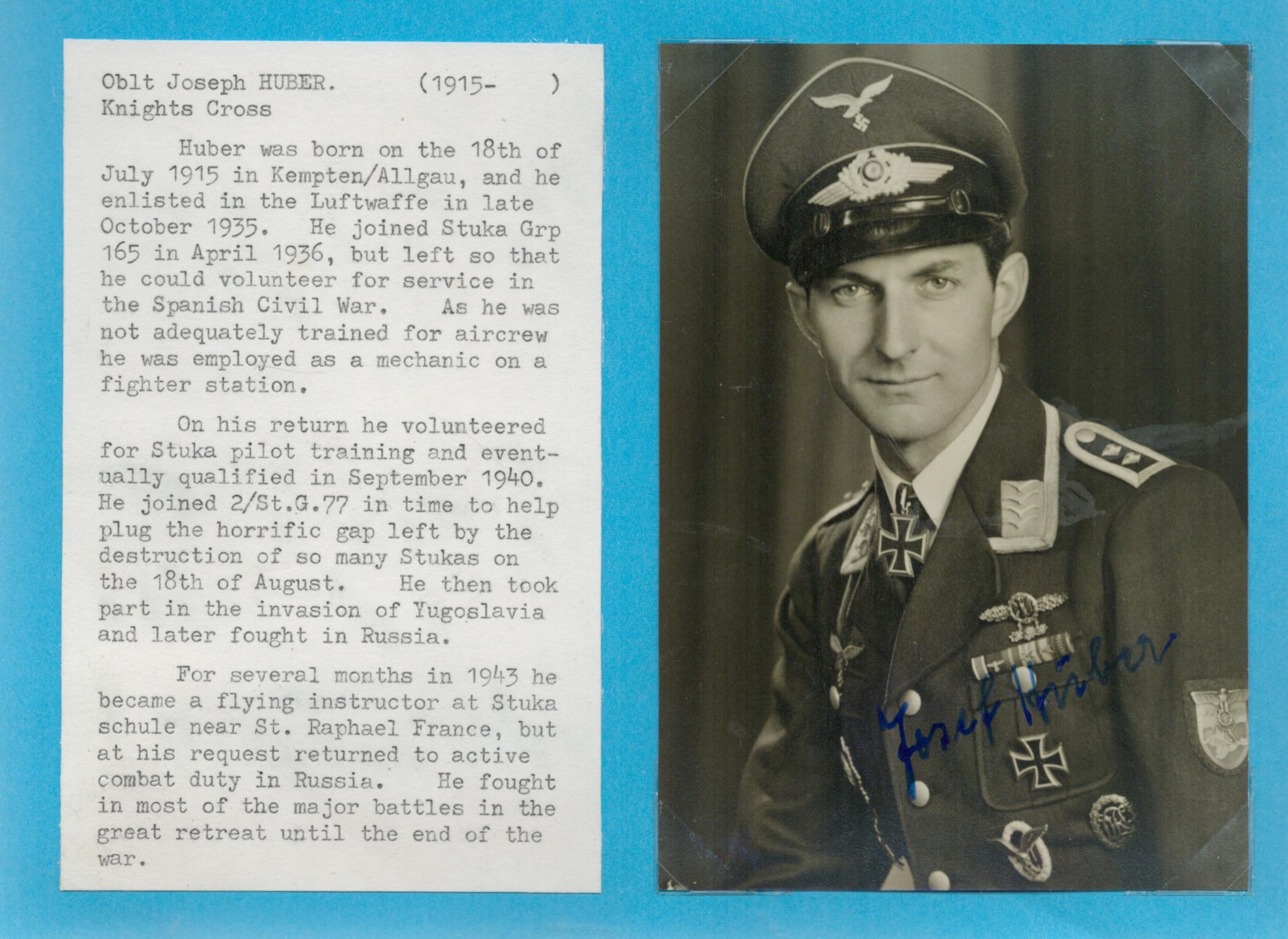 Lieutenant Colonel Joseph Huber (1915 2008) signed 6x4 black and white photo. Flew a total of 721