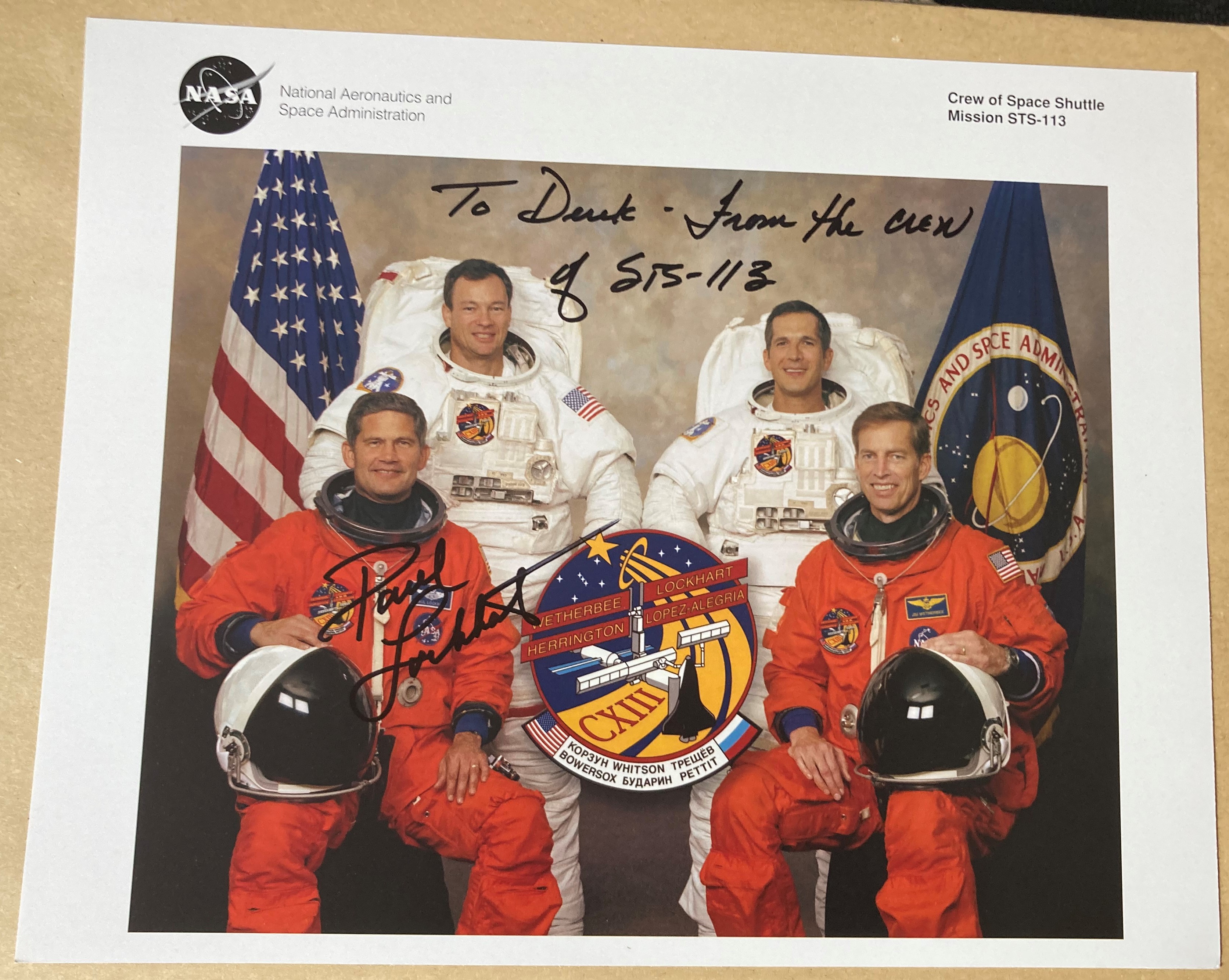 Space Shuttle Astronaut Paul Lockhart signed 10 x 8 NASA STS 113 crew colour photo. Info printed