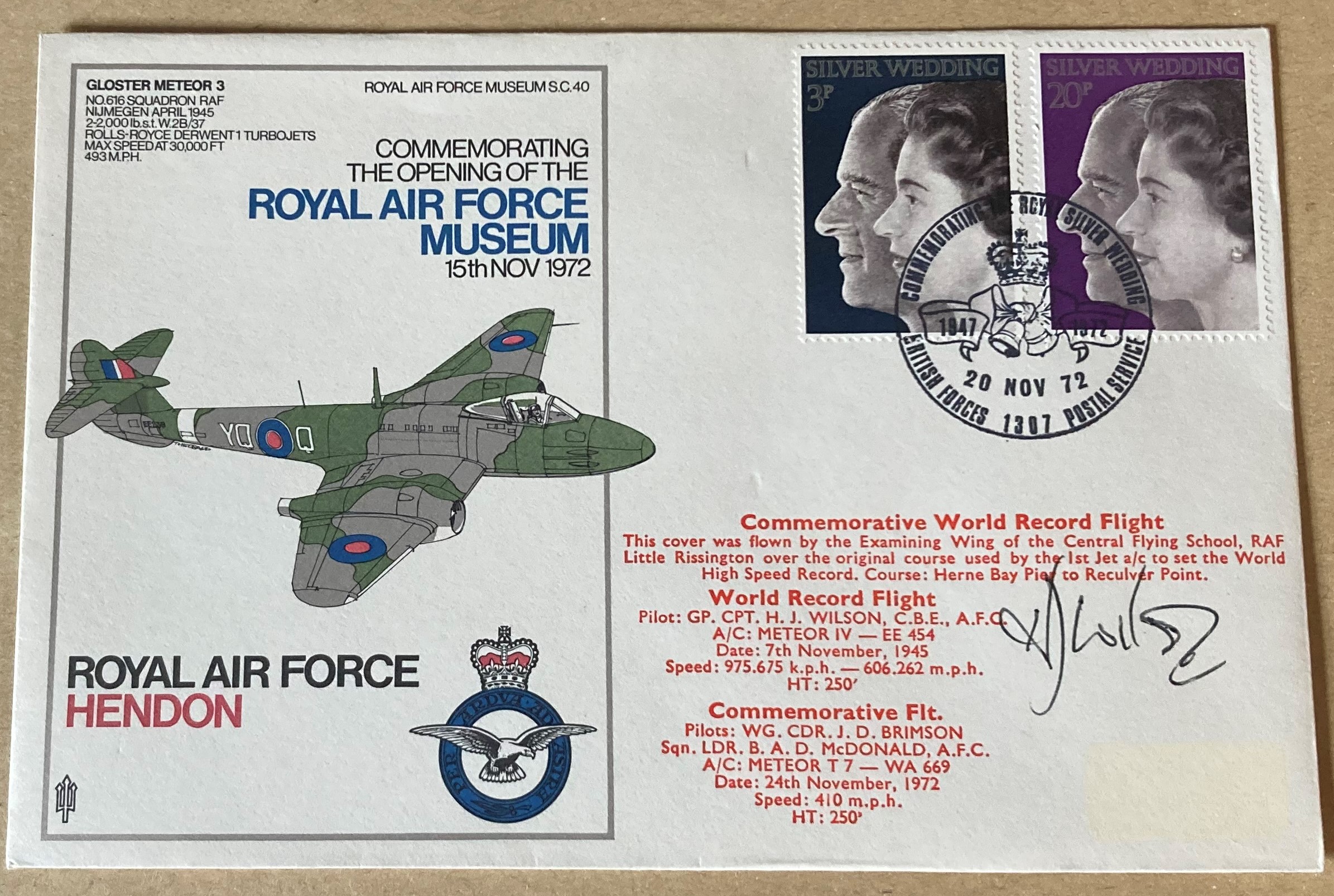 1972 Royal Wedding Official BFPS1387 RAF Hendon FDC Cat £40, flown on World Record flight and signed