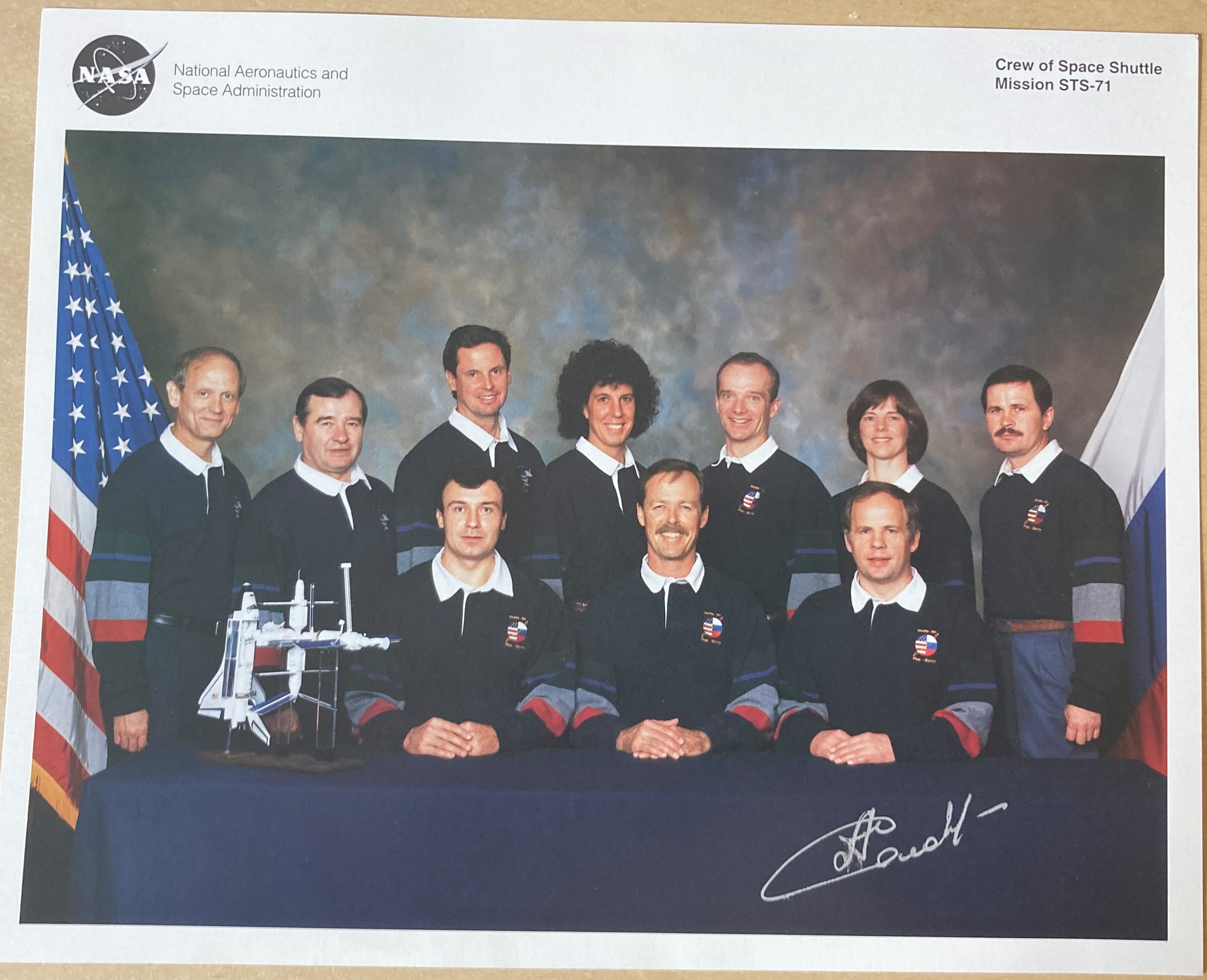 Space Shuttle Astronaut Anatoly Solovyev signed 10 x 8 NASA STS 71 crew colour photo, to Derek. Info