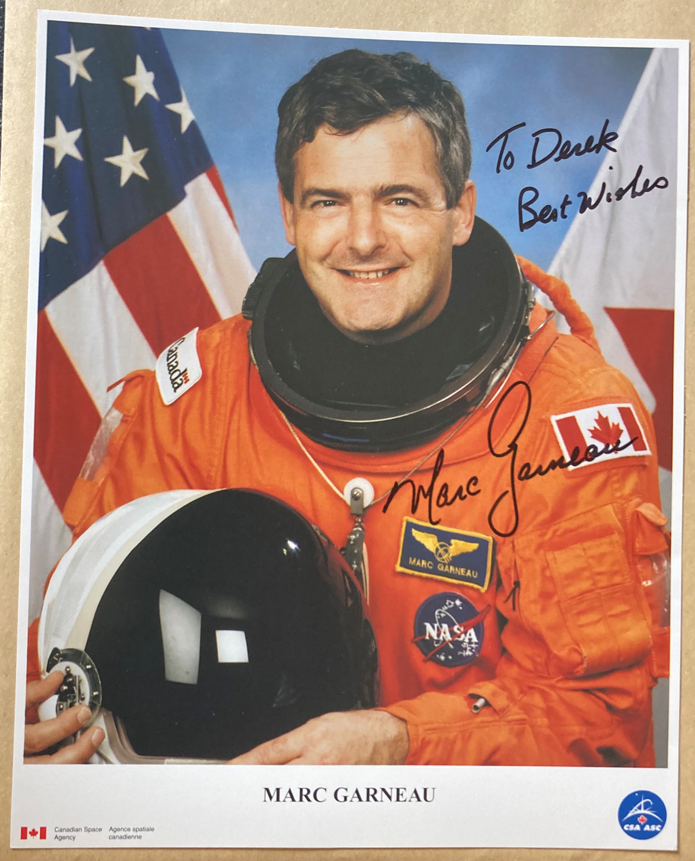 Space Shuttle Astronaut Marc Garneau signed 10 x 8 NASA colour photo STS41G. Info printed on back.