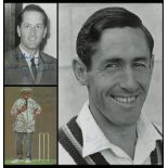 Cricketers, three signed items: Dickie Bird, a signed 7x5 photo card, a drawing by Ken Taylor of the