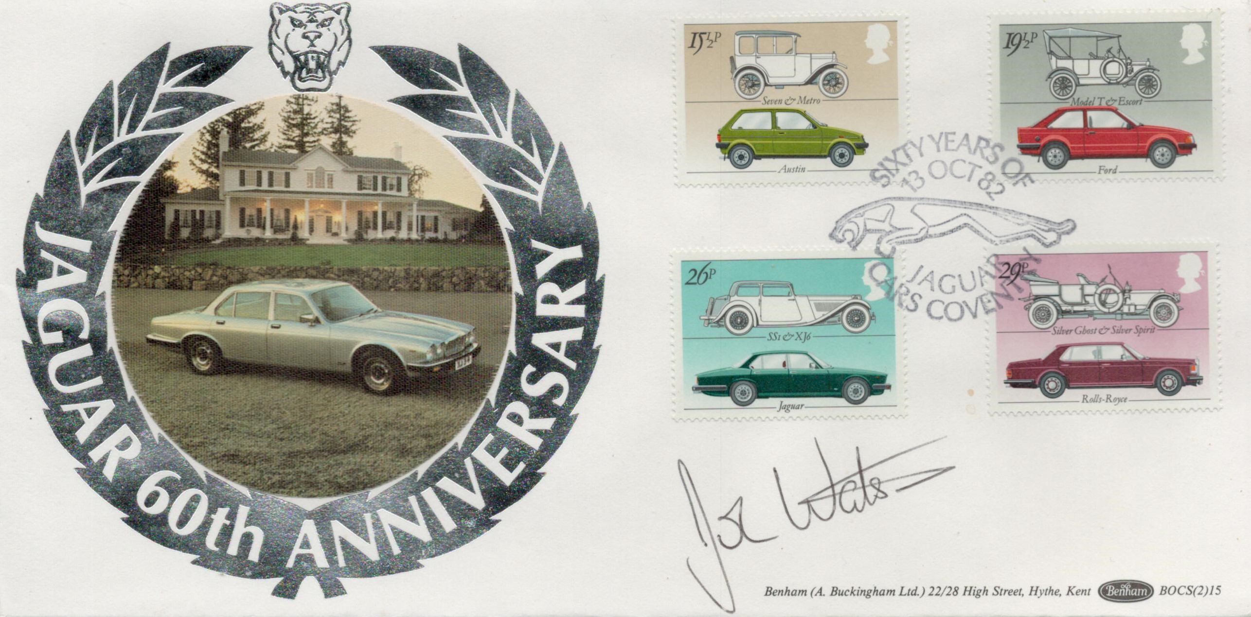 John Watson signed FDC. Jaguar 60th Anniversary. Single postmarked 13th October 82 Benham Cover.