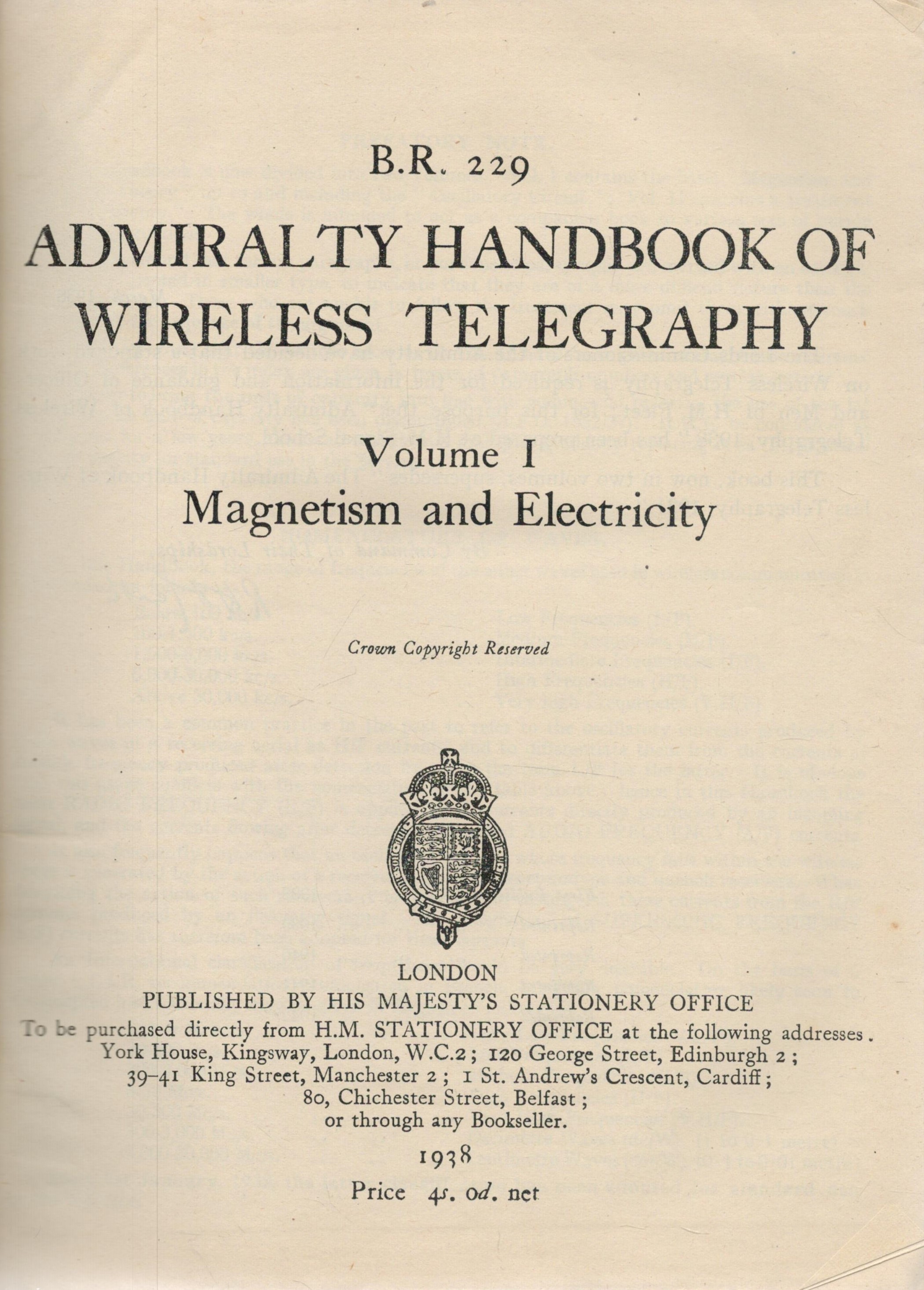 BR 229 Admiralty Handbook of Wireless Telegraphy Volume 1 only - Magnetism and Electricity. - Image 2 of 3