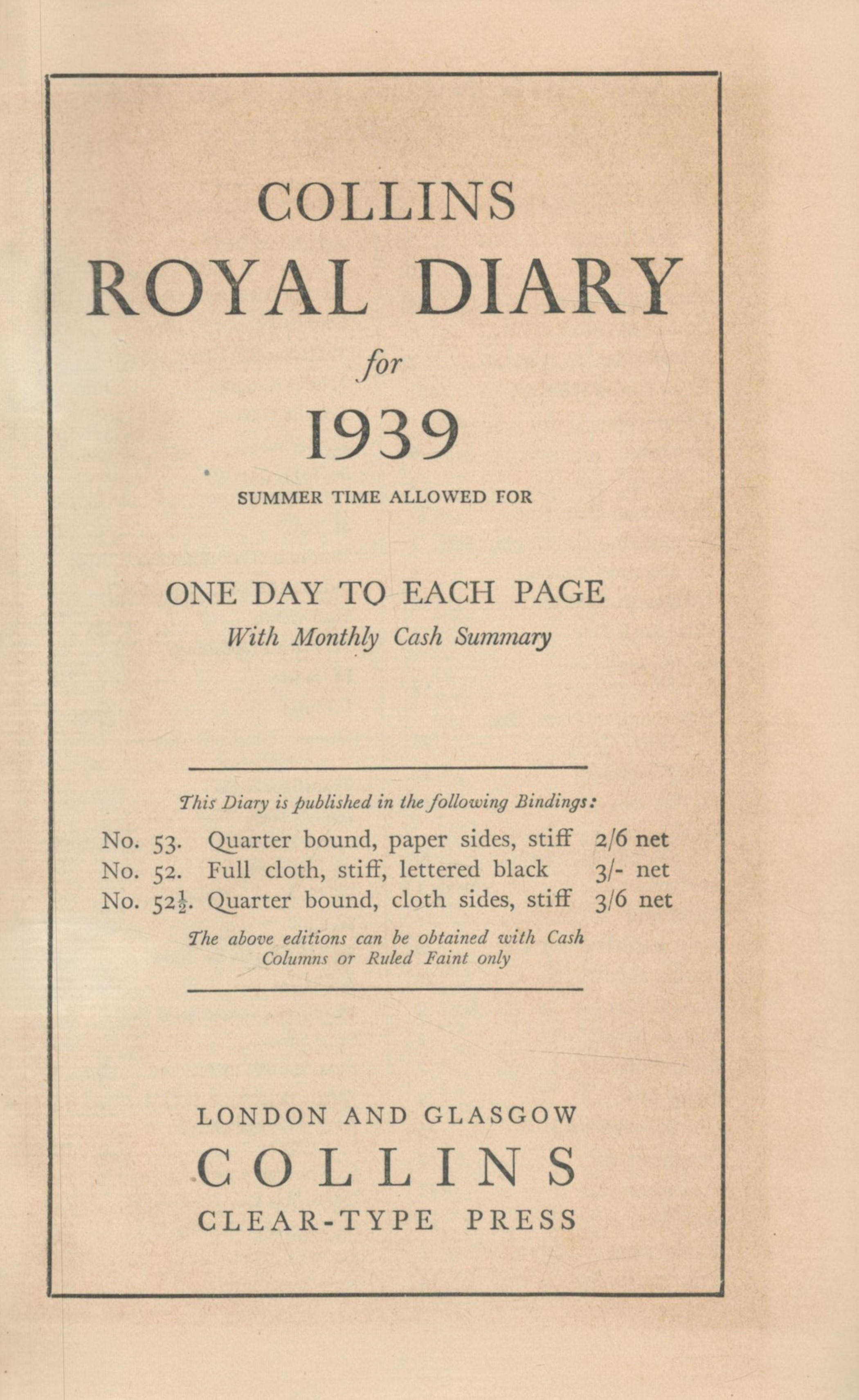 Collins Royal Diary for 1939. One day to each page with monthly cash summary. Published by - Image 2 of 2