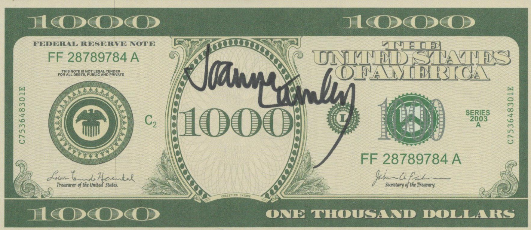 Joanna Lumley Signed James Bond Movie Prop 1000 Dollar Bill. Joanna made her film debut in 1969 in