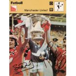 Football autographed Man United 1970s Sportscaster Card: A Superbly Issued Large Card By Recontre