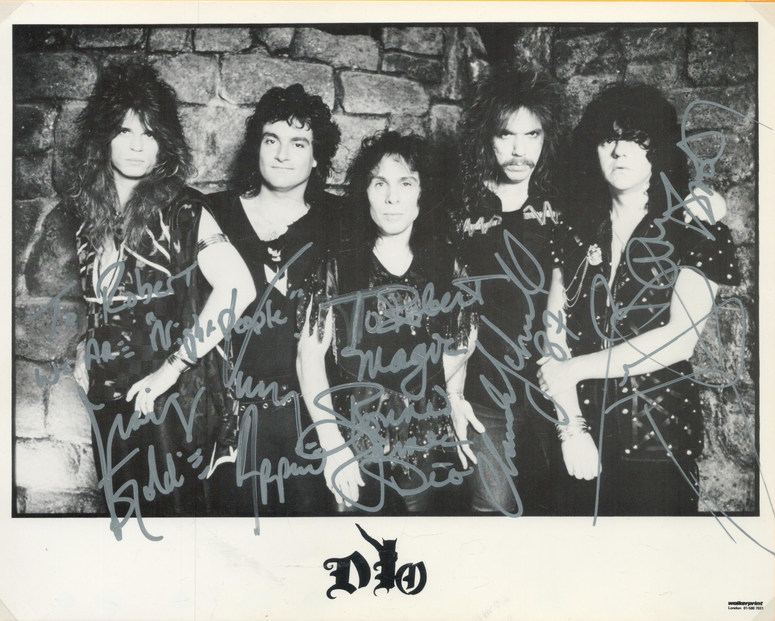 DIO signed 10x8 inch multi signed black and white promo photo includes all five band members.
