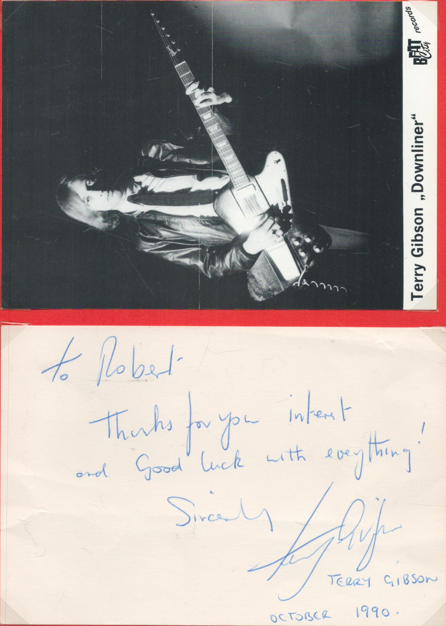 Terry Gibson signed 6x4 inch album page dated 0ct 1990 and Downliner 6x4 inch black and white
