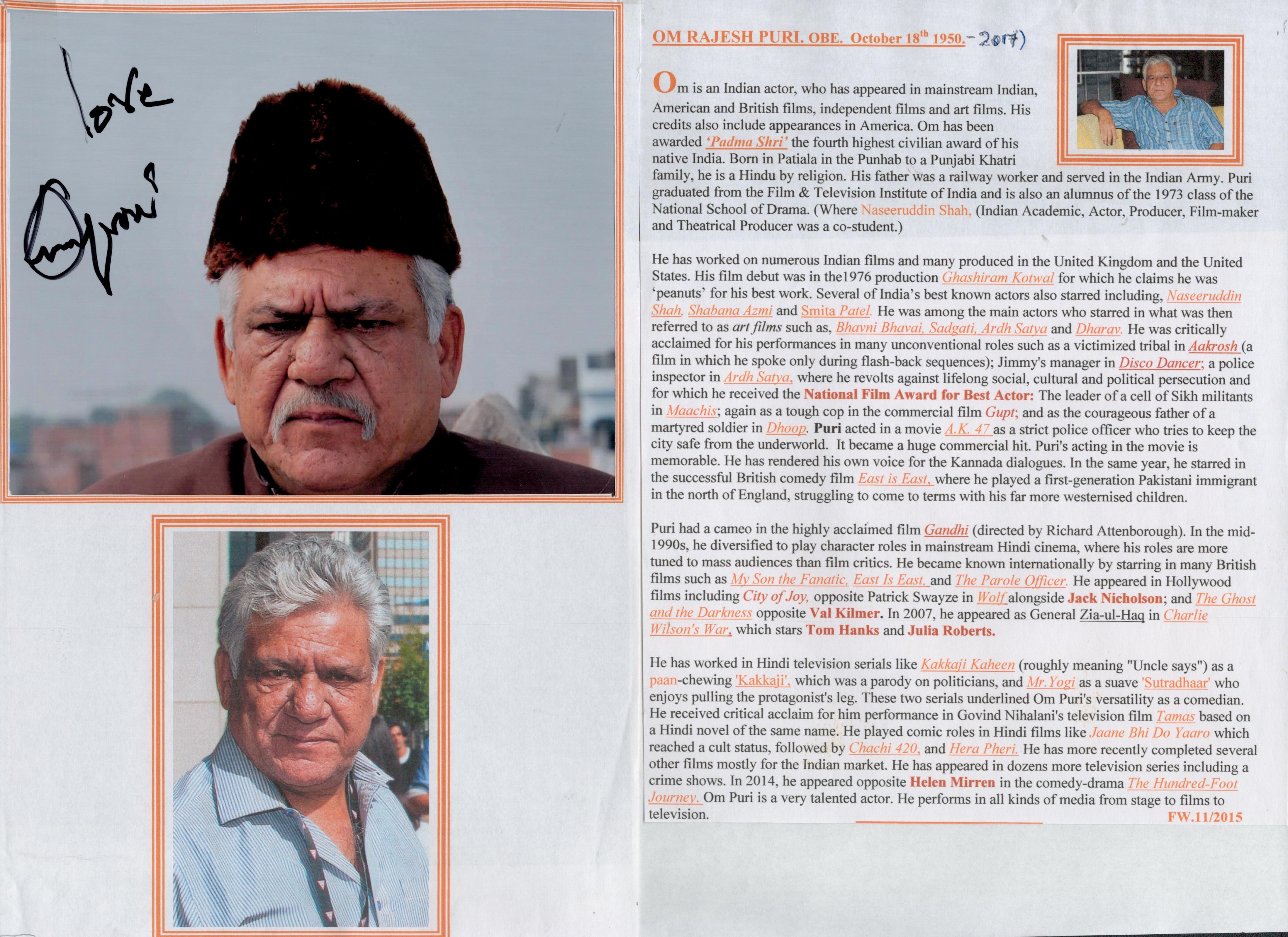 OM Rajesh Puri OBE Signed Autograph and A Colour Photo on A Biography Sheet. Approx. Size 9. 5 x