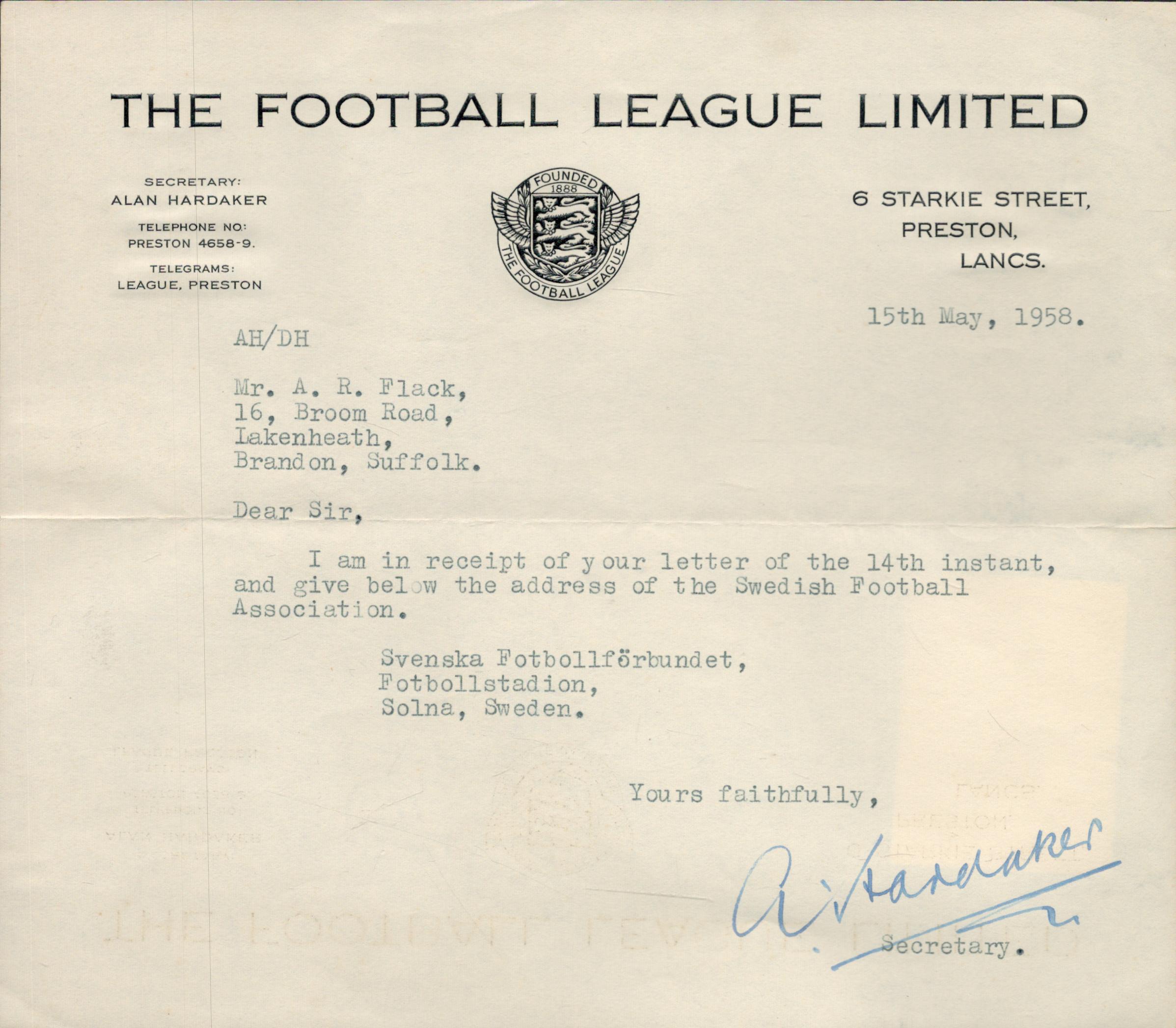 Football. Alan Hardaker Signed TLS Dated 15th May 1958 on The Football League Ltd Headed Paper.