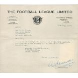 Football. Alan Hardaker Signed TLS Dated 15th May 1958 on The Football League Ltd Headed Paper.