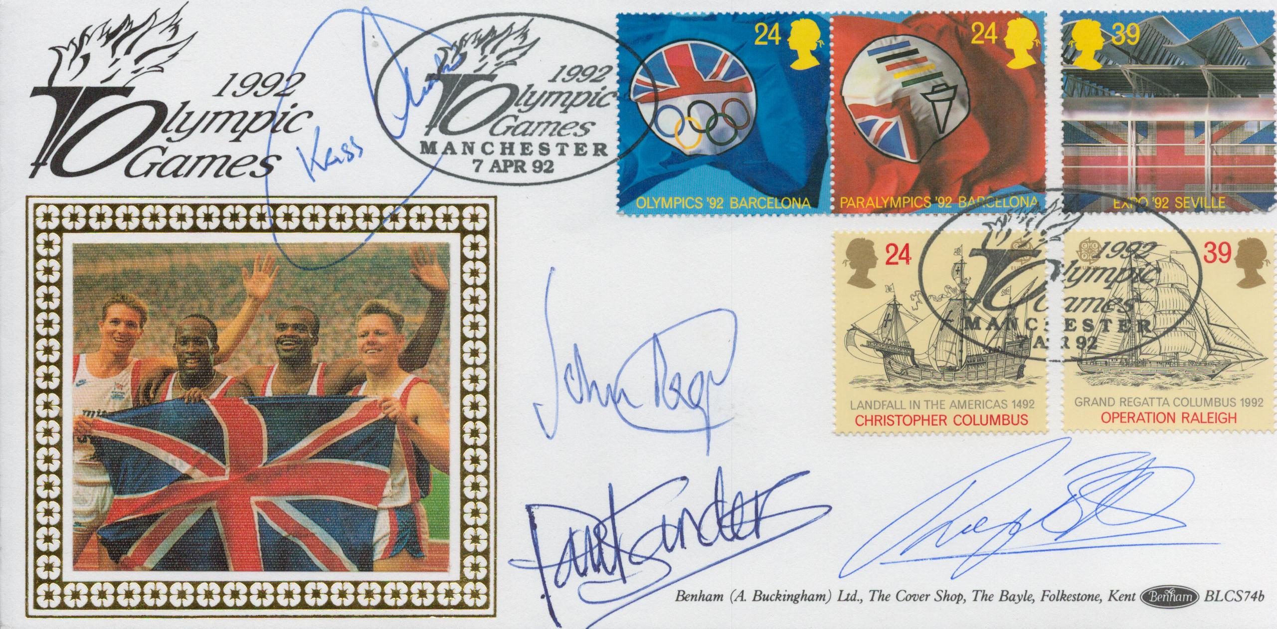 Kriss Akabusi, John Regis, Paul Tander and Roger Black signed 1992 Olympic Games FDC. 7/4/92