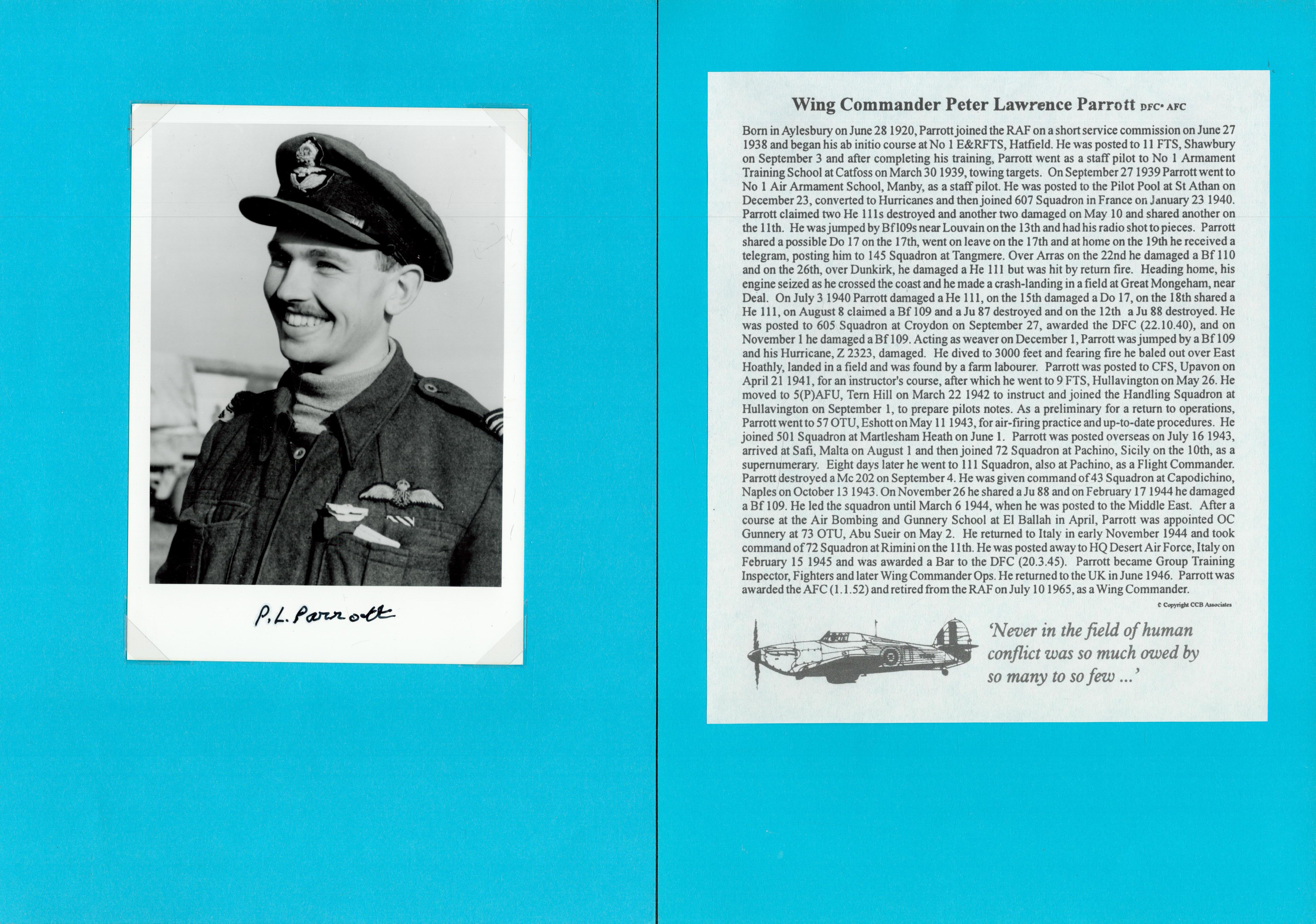 WW2. Wg Cdr Peter Parrott DFC AFC Battle of Britain signed 7 x 5 inch Black and White Photo.