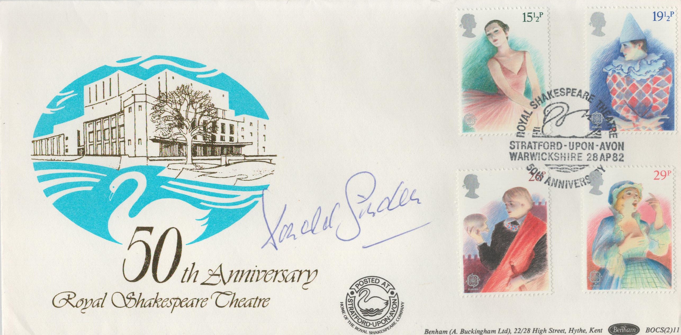 Donald Sinden signed Royal Shakespeare Theatre FDC. 28/4/82 Stratford upon Avon postmark. Good