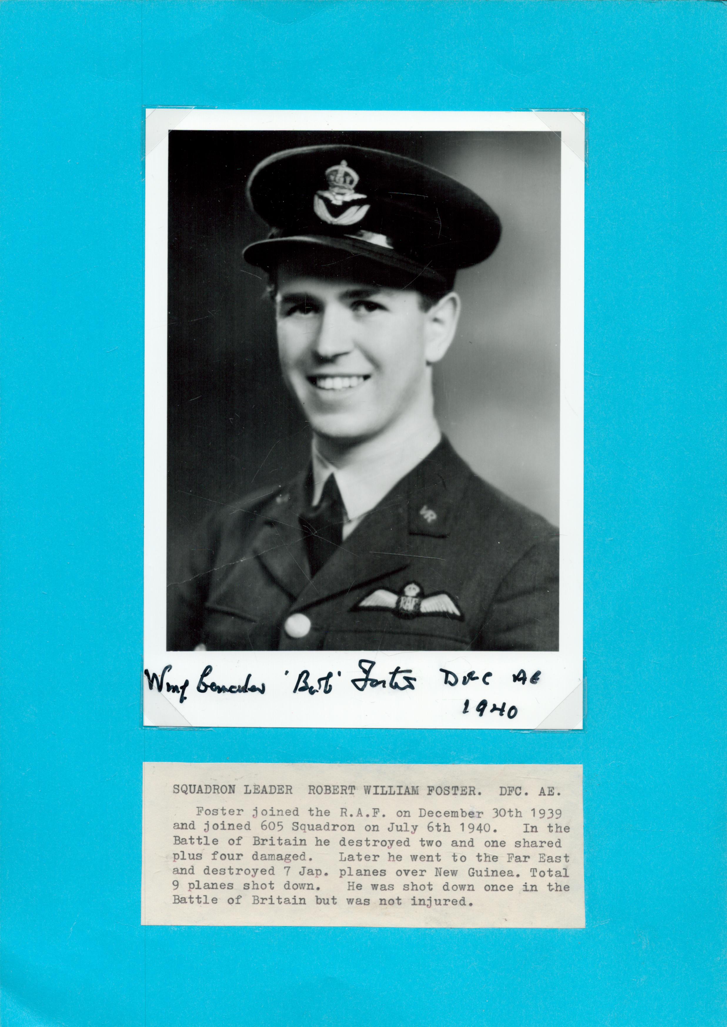 WW2. Sqn Ldr Bob Foster DFC Battle of Britain signed 7 x 5 inch Black and White Photo. Battle of