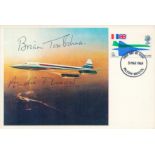 Andre Turcat and Brian Trubshaw, Concorde Test pilots. A dual signed Concorde stamp card FDC with '3