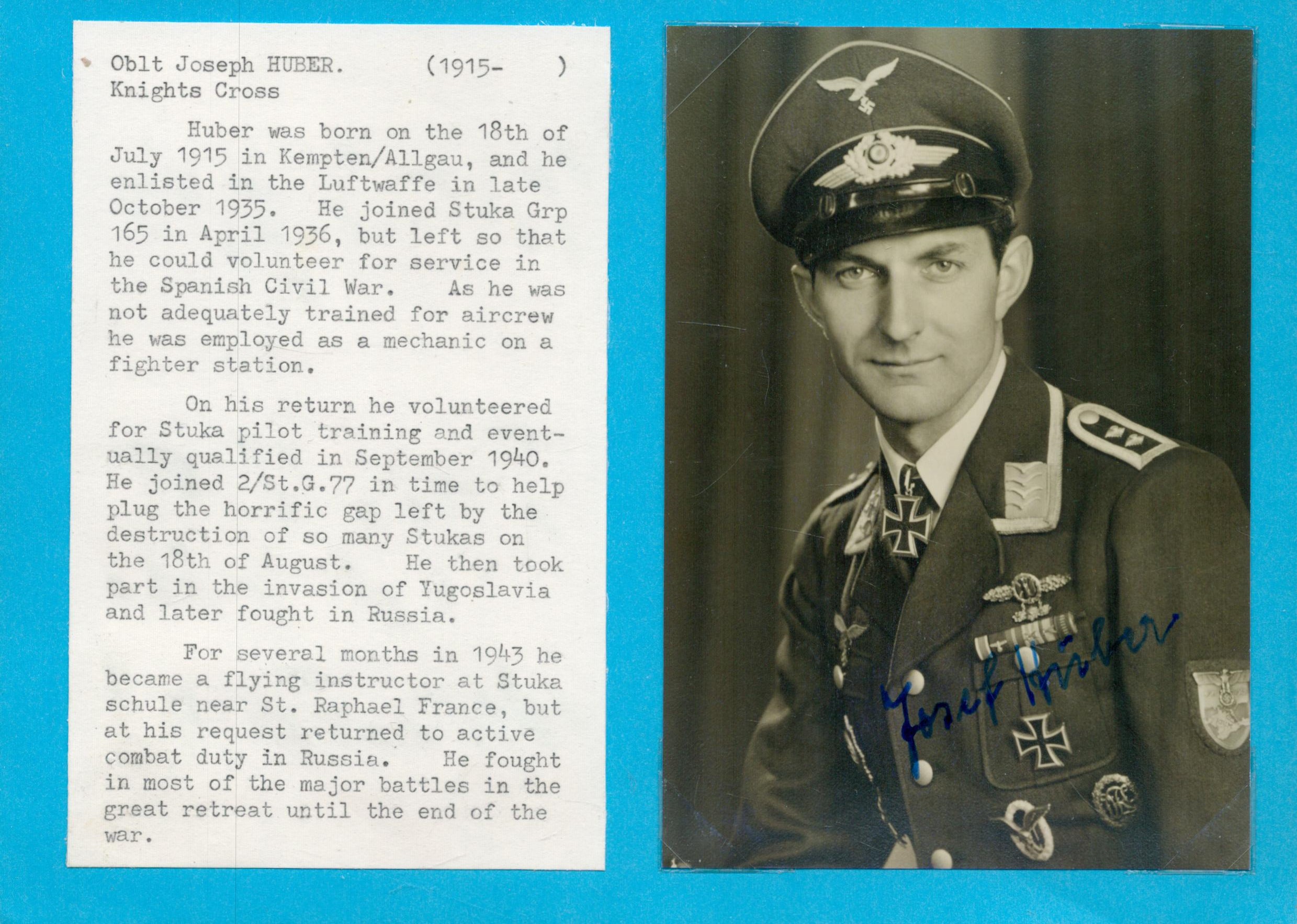 Lieutenant Colonel Joseph Huber (1915 2008) signed 6x4 black and white photo. Flew a total of 721