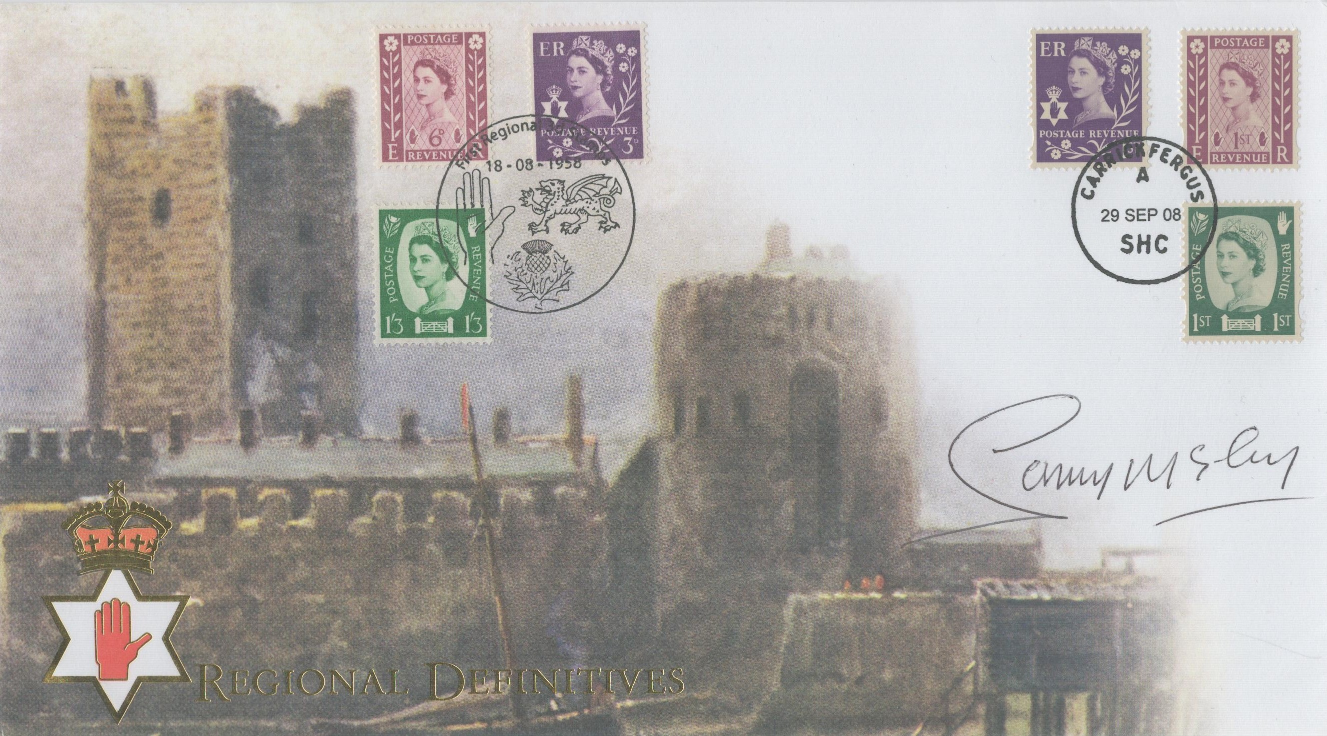 Sammy McIlroy signed Regional Definitives FDC. 6 Stamps and 2 Postmarks - 18/08/1958 and 29 Sep