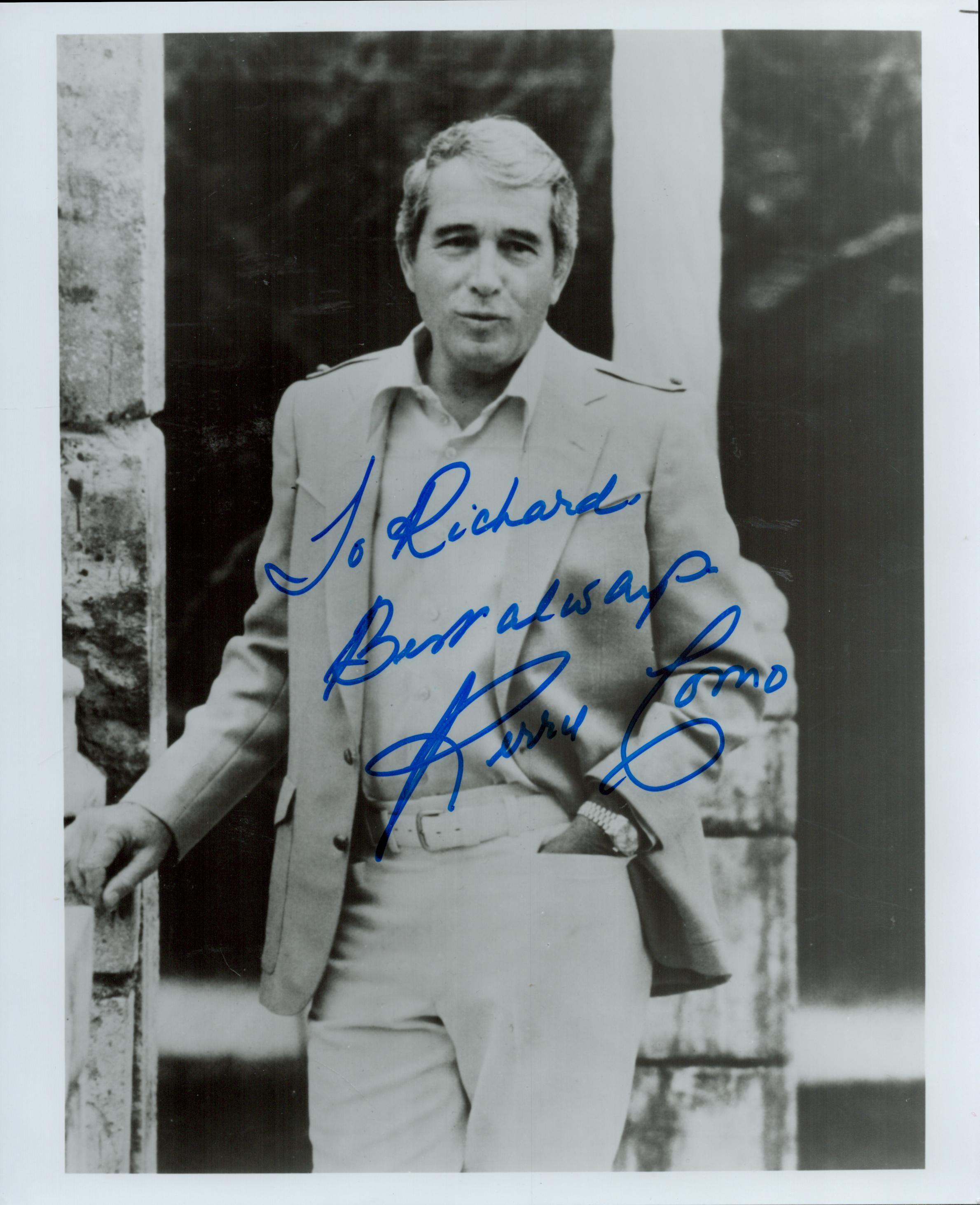 Perry Como Signed 10x8 inch Black and White Photo. Signed in blue ink. Dedicated. Good condition.