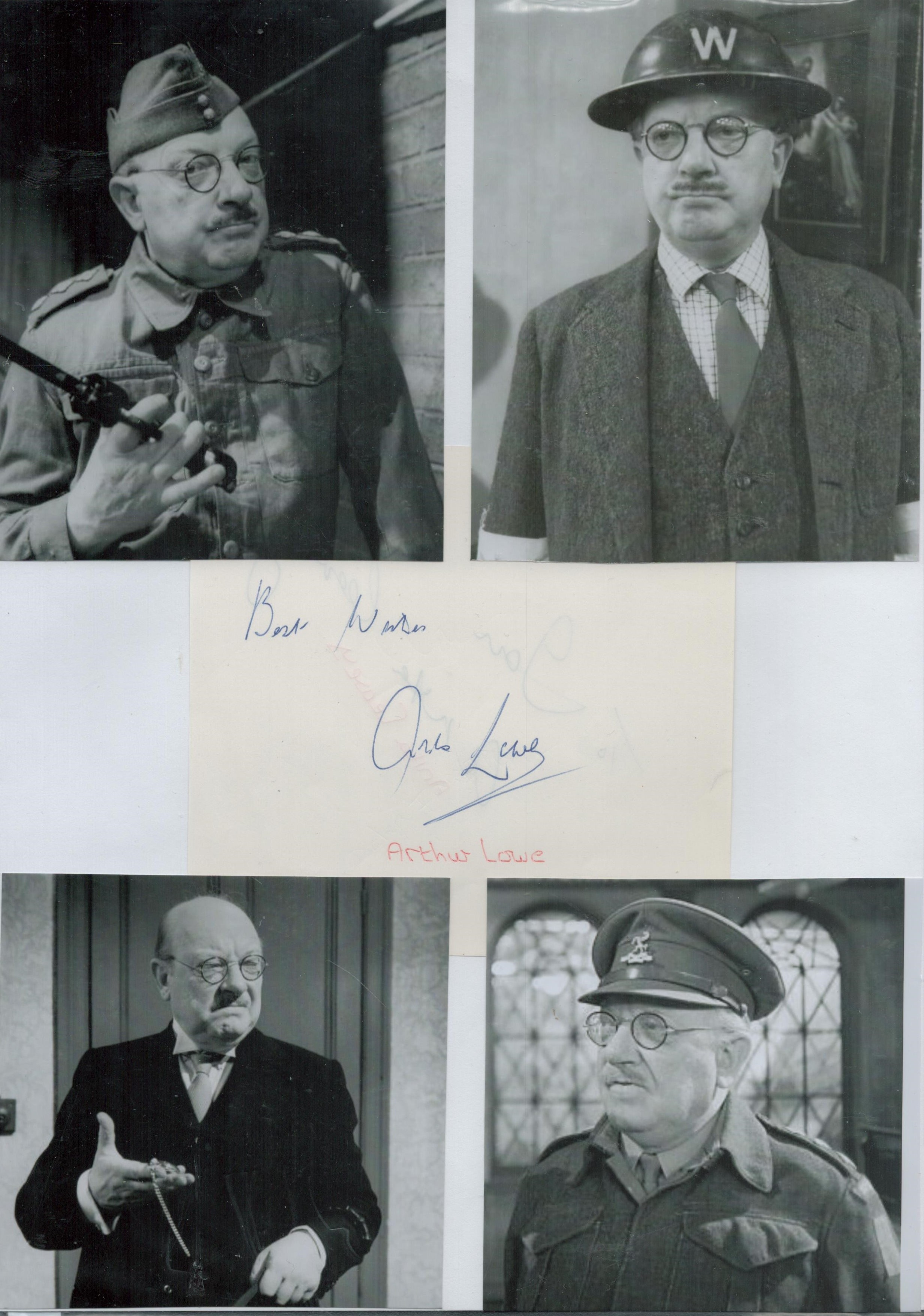 Arthur Lowe 12x8 inch signature piece includes signed album page and four vintage Dads Army photos